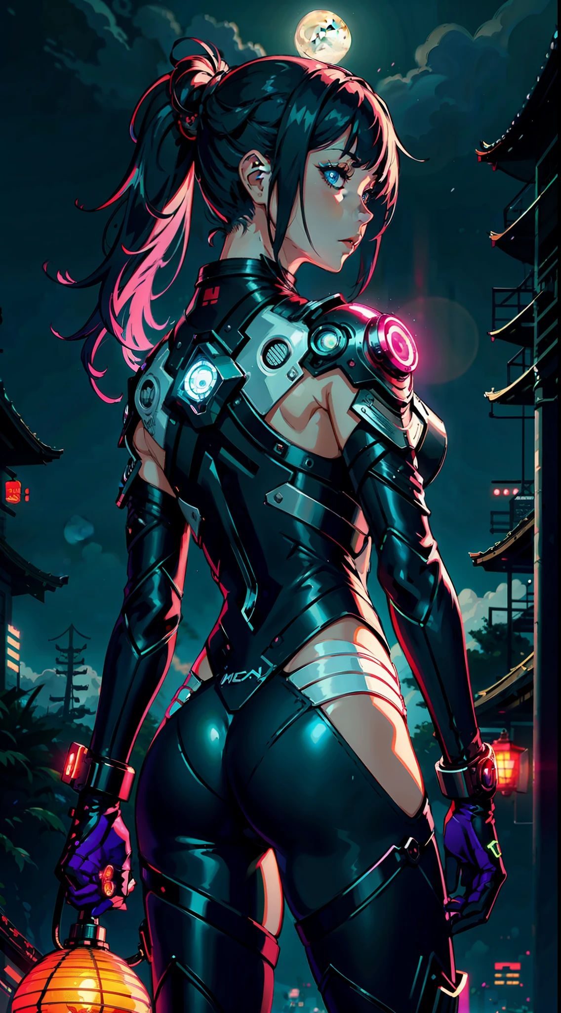 1girl, solo, girl, futuristic outfit, neon samurai, very beautiful cyberpunk samurai, cyberpunk samurai, ghost blade style, cyberpunk victo ngai style, cyberpunk neon style, cyberpunc, cyberpunk neon, technomancer, video game character, synthwave image, cyberpunk, concept art neon glow, moon, lantern, night, solo, outdoor, sky, full moon, rain, mountain, cloud, paper lantern, night sky, fringe, tree, reflection, cloudy sky, {{(masterpiece),(extremely detailed CG unity 8k wallpaper),best quality,solo,cinematic lighting,detailed background,beautiful detailed eyes,bright pupils,(an extremely delicate and beautiful),(beautiful and detailed eye description),ultra-detailed,masterpiece,}}, detailed eyes, beautiful eyes, realistic eyes, beautiful eyes, perfect eyes, back view