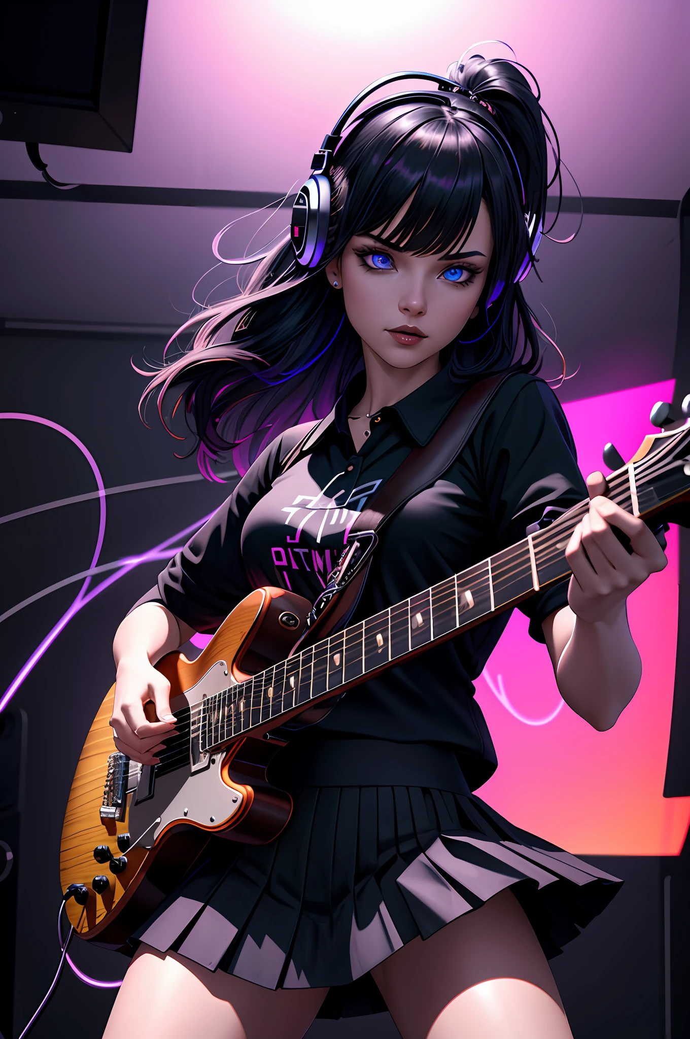 ((1girl)), ((cinematic light)), colorful, hyper detail, dramatic light, intricate details, best quality, (CG unity 8k wallpaper extremely detailed, masterpiece, best quality, ultra-detailed, best shadow), (detailed background: 1.4), (beautiful detailed face, beautiful detailed eyes), High contrast, (best lighting, an extremely delicate and beautiful), (girl: 1.5), solo, goth skirt, blue eyes, electric guitar, guitar, headphones, instrument, long hair, music, side up, playing guitar, pleated skirt, black shirt, interior ((caustic)), dynamic angle, beautiful detailed glow, whole body, neon light, pyrotechnics