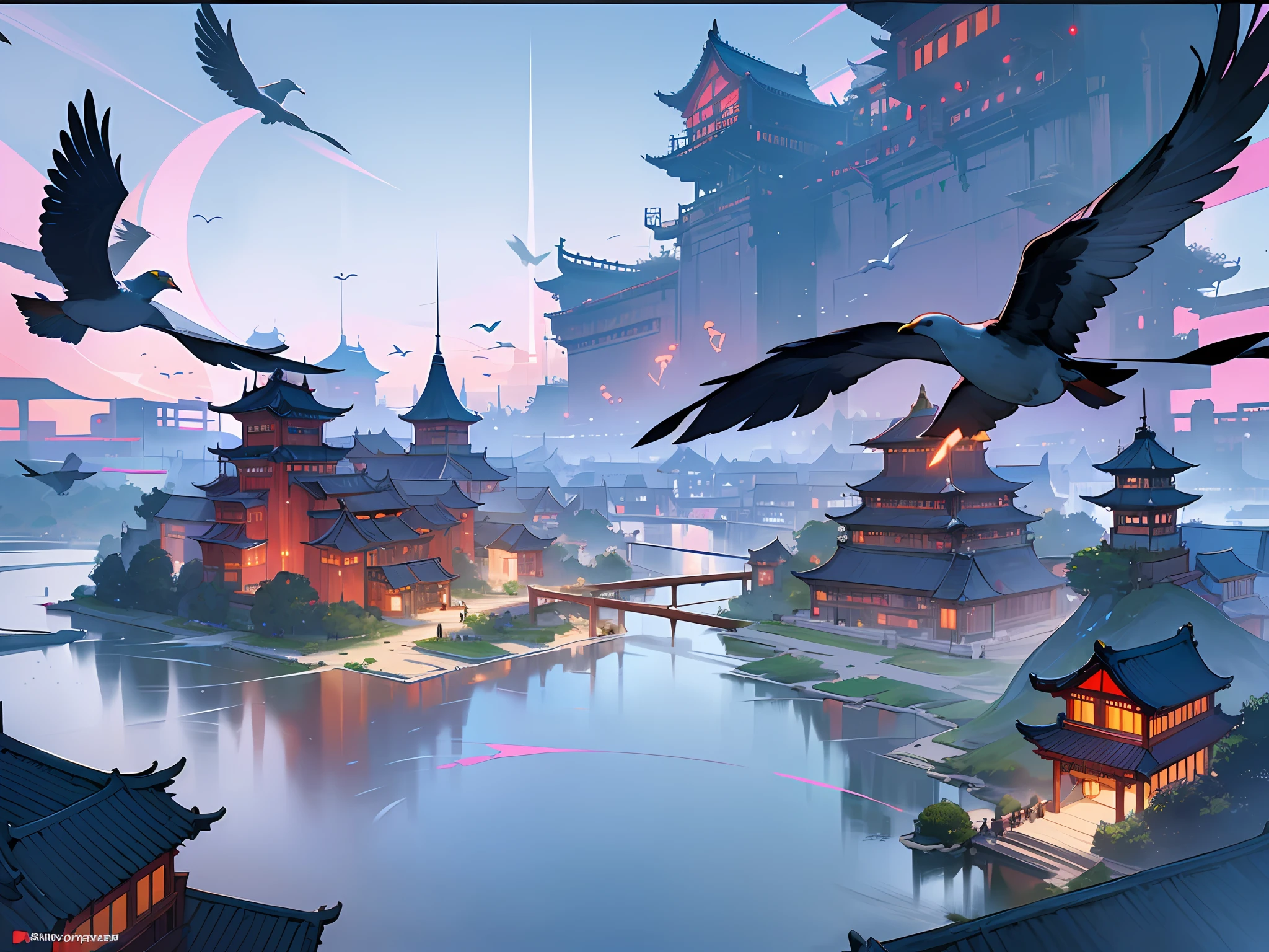 arafed view of a village with a lot of lights on the buildings,Color (Fantasy: 1.2), (cyberpunk chinese ancient castle,), (irregular red building floating on the cloud), patchwork cottages, flower decorations, lights, japanese city, by Raymond Han, (sky city), ross tran, light shafts, realistic lighting, masterpiece, high quality, beautiful graphics, high detail, masterpiece, high quality, beautiful graphics, high detail, --v6, (flying seabirds in the sky)