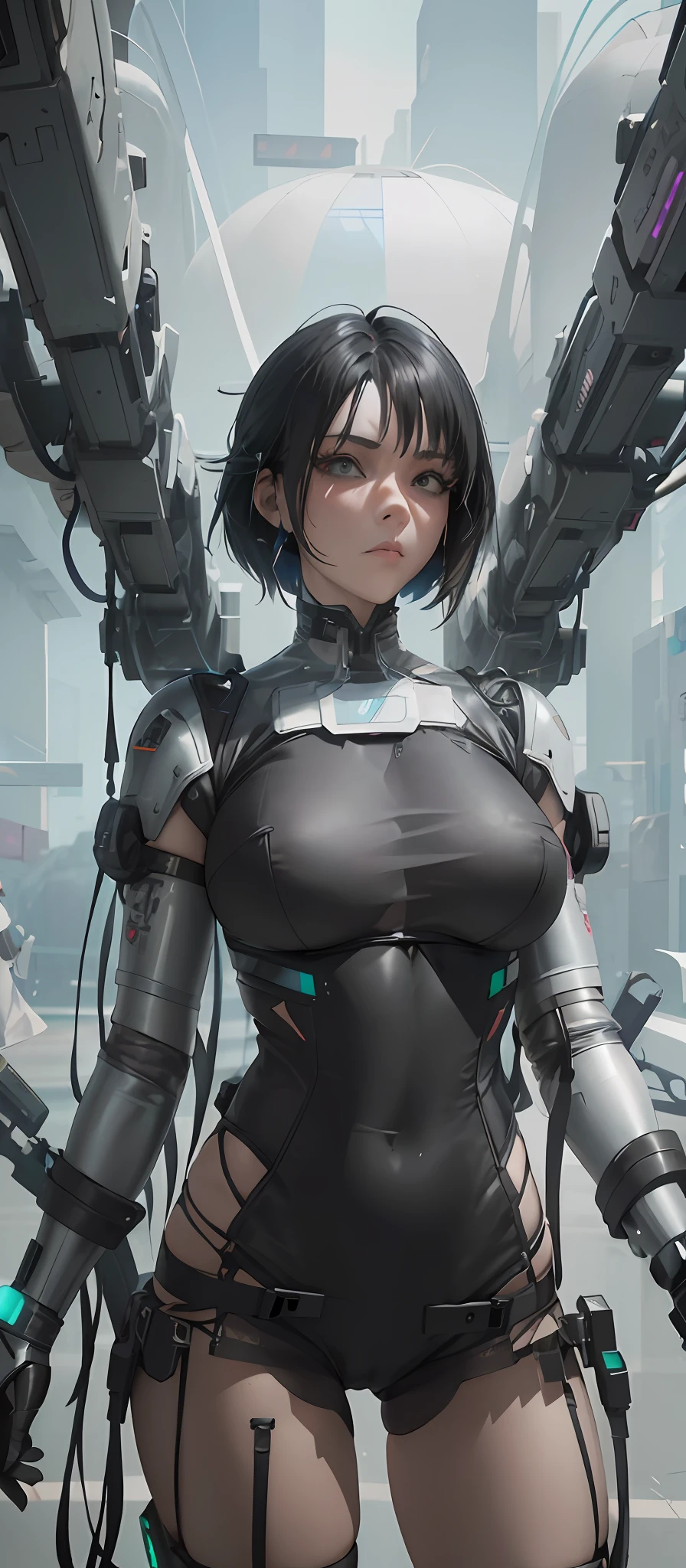 there is a woman in a corset and a black and white outfit, wearing techwear and armor, cyberpunk outfit, wearing japanese techwear, intriguing outfit, all black cyberpunk clothes, cyberpunk style outfit, female cyberpunk anime girl, cyberpunk streetwear, cyberpunk dress, anime girl cosplay, photograph of a techwear woman, cyberpunk anime girl, wearing cyberpunk streetwear, maid outfit