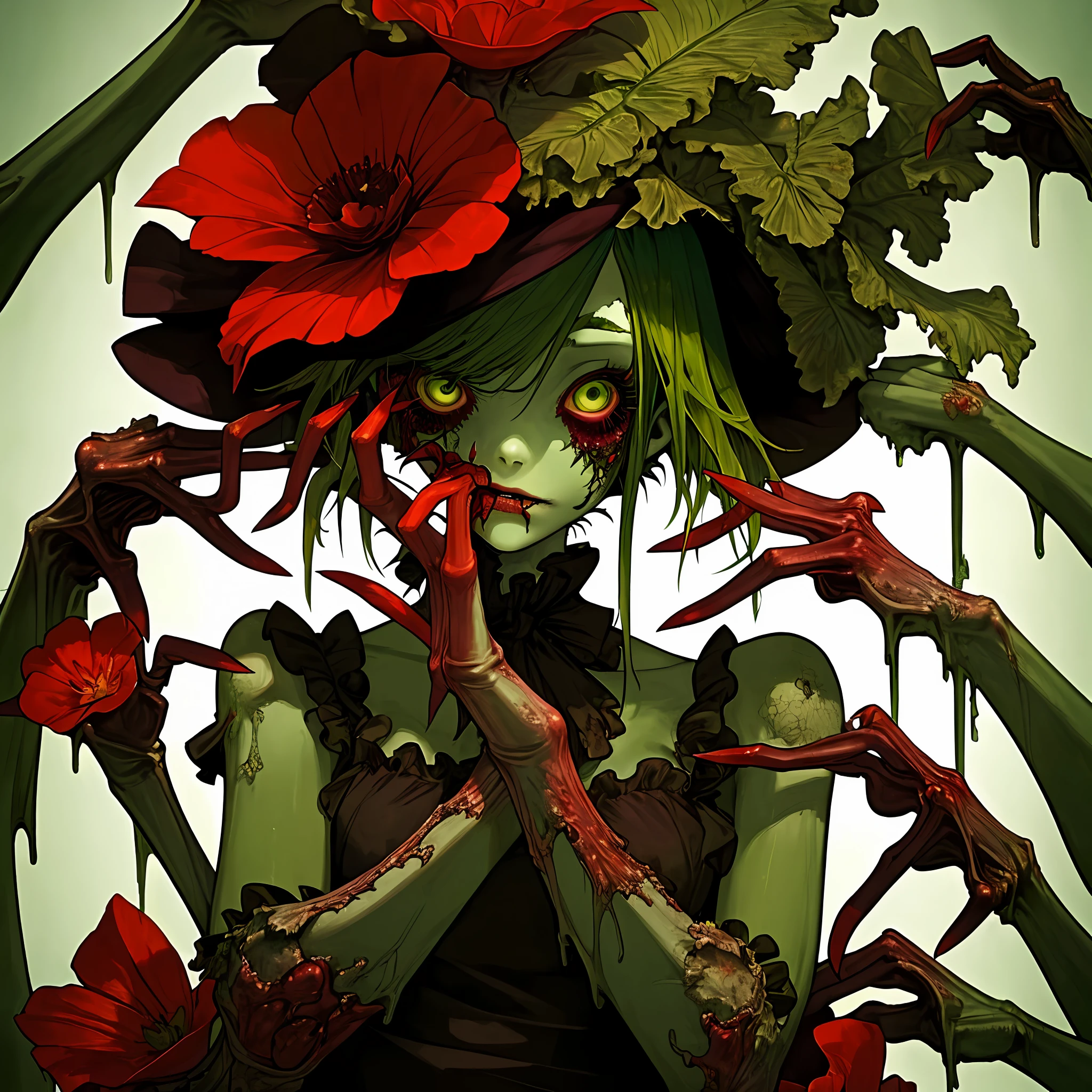Incredibly beautiful zombie girl with green hair gently kisses the red flower that she holds in her hands, the correct anatomy of the hands, there are five fingers on each hand