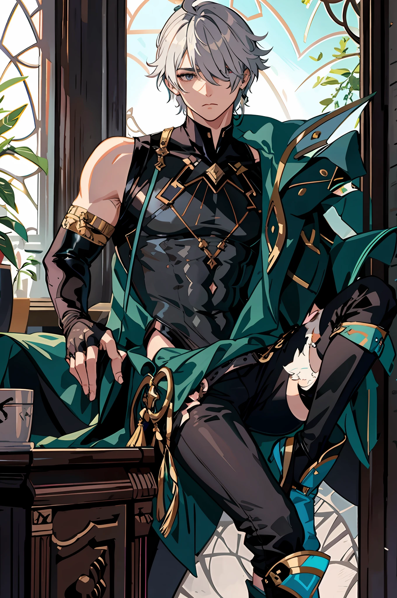 masterpiece, best quality,alhaitham\(genshin impact\), 1boy, male focus, shirt, solo, gloves, sleeveless shirt, grey hair, sleeveless, ahoge, black shirt, bangs, hair over one eye, black gloves, indoors, fingerless gloves, black pants, pants, swept bangs, boots, bare shoulders, short hair, elbow gloves,(kbxll:0.6)