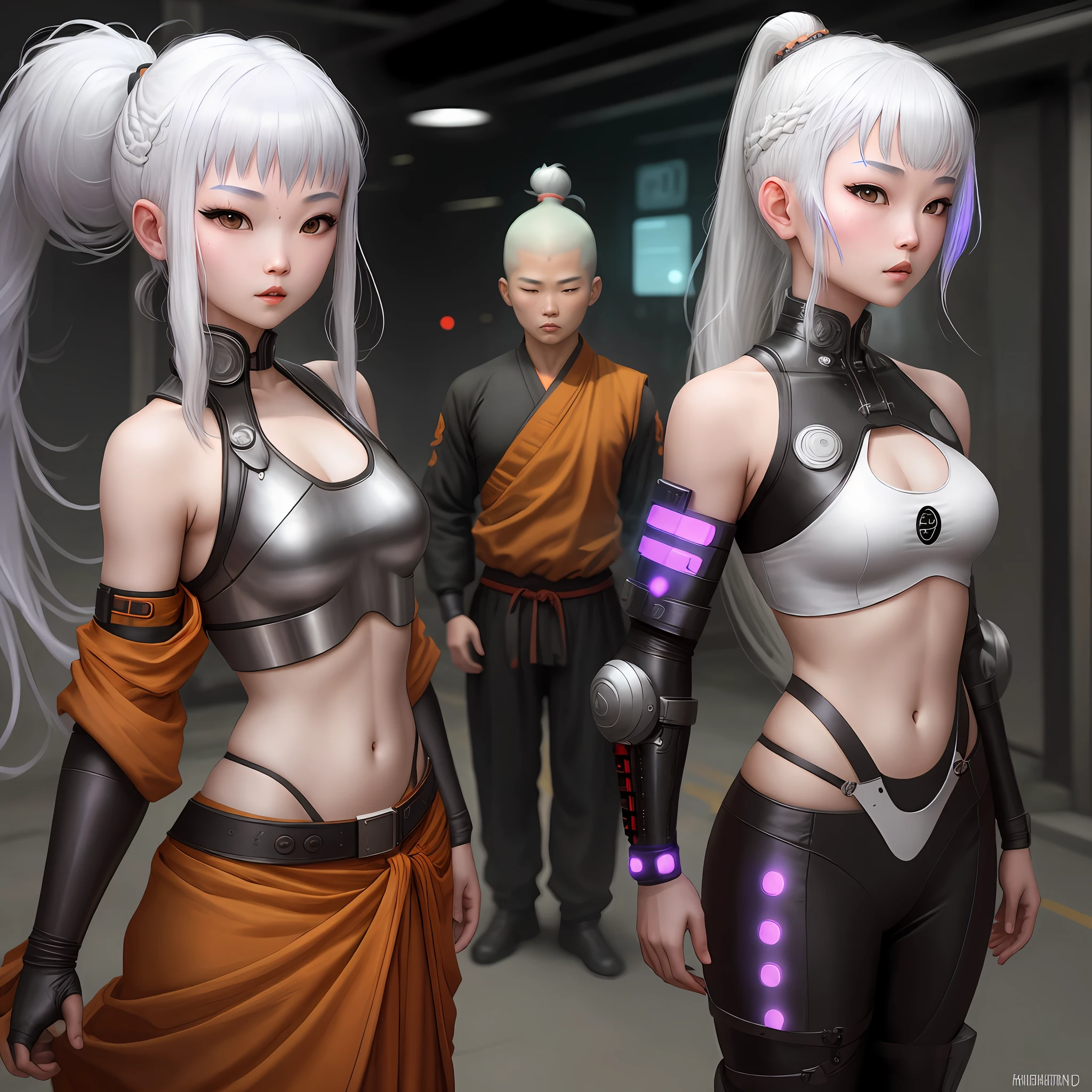 Monks Shaolin and girl Cyberpunk whitehair