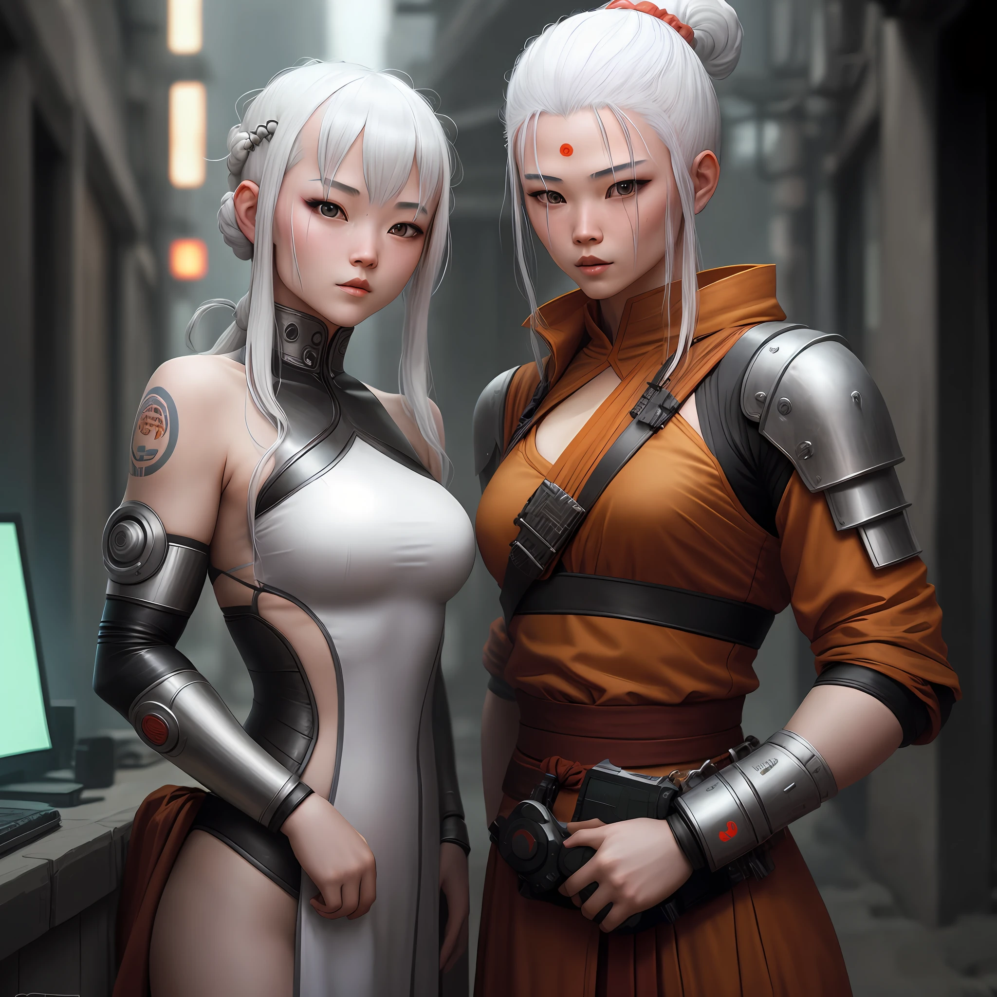 Monks Shaolin and girl Cyberpunk whitehair
