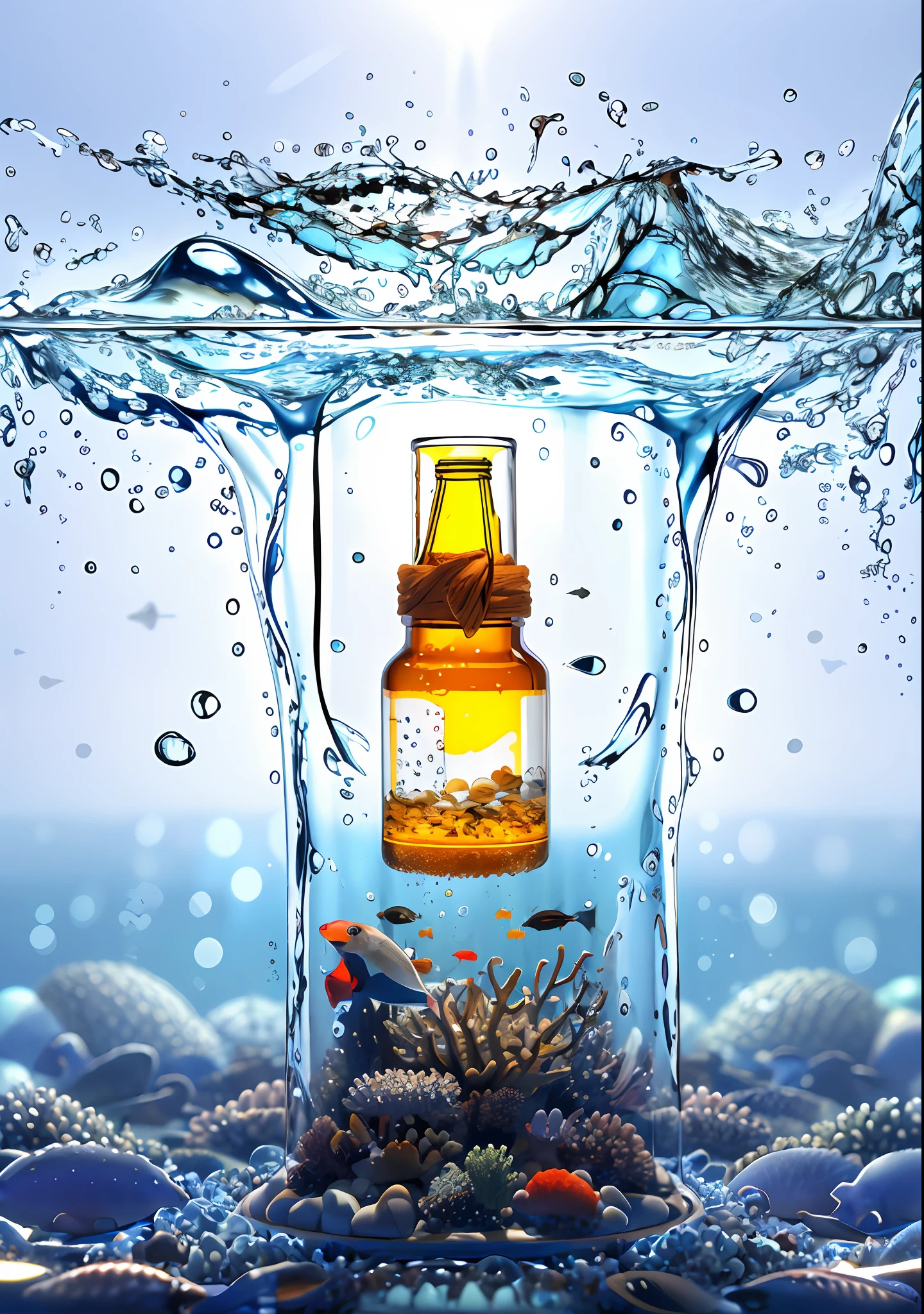 A bottle, solo, variza, Phgls, in container, bottle, submerged, ocean, rich seabed background, surrounded by fish, product display, bottled