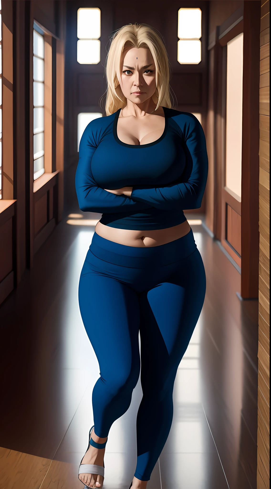 tsunade, 1girl, solo, blonde hair, long hair, brown eyes, mature female, facial mark, forehead mark, wearing tight yoga pants, and tank top, curvy female figure, mature female in her mid 40s, blue forehead mark, exposed belly, wide navel, chubby belly, standing, hands tied, stern look, very serious expressions, angry,