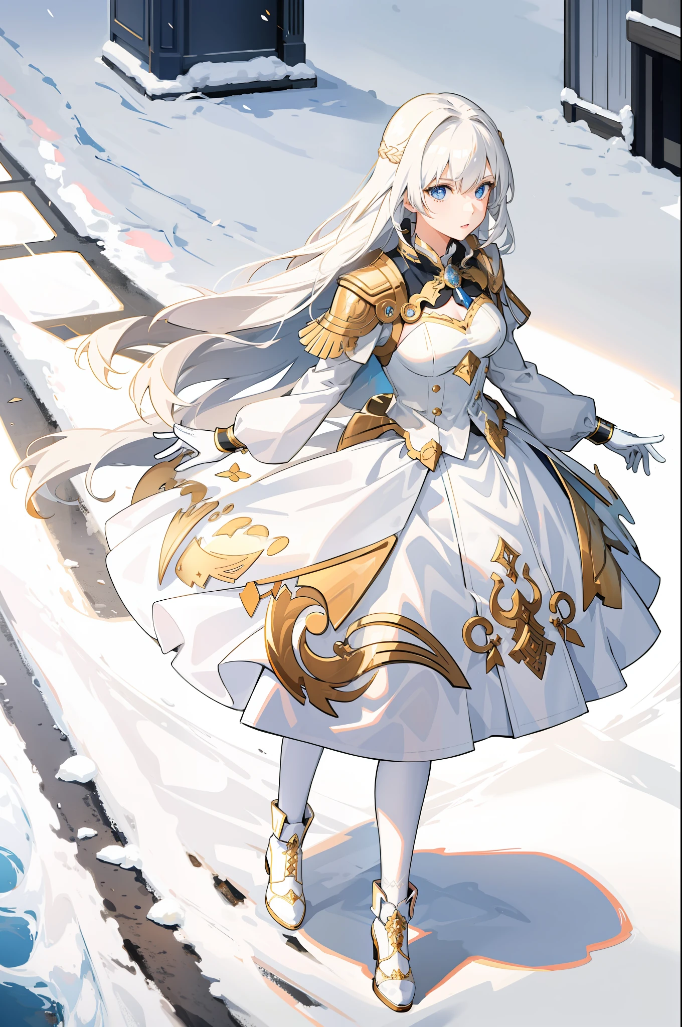 Girl, golden flowing hair, blue eyes, White Imperial Outfit, anime