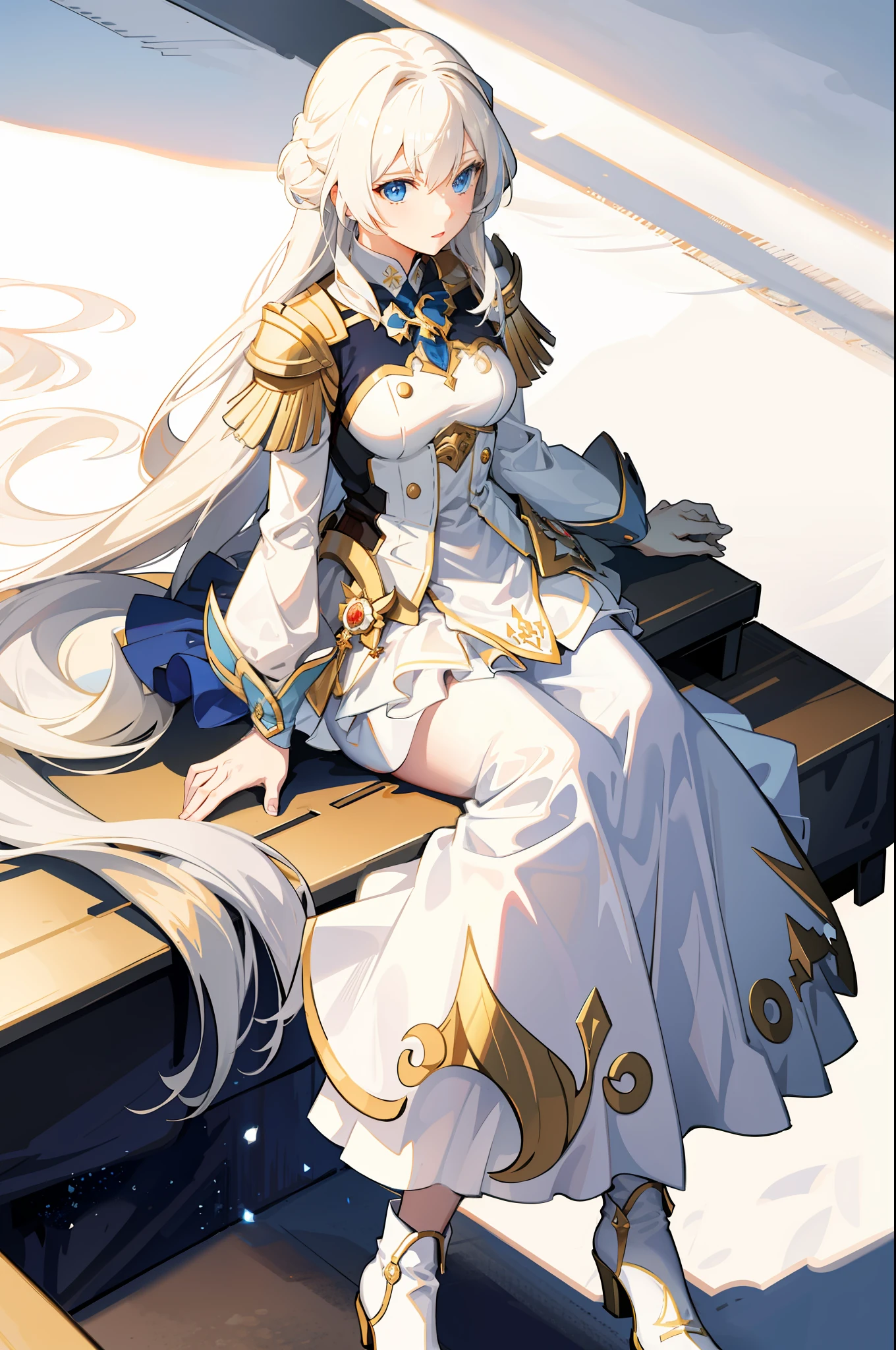 Girl, golden flowing hair, blue eyes, White Imperial Outfit, anime