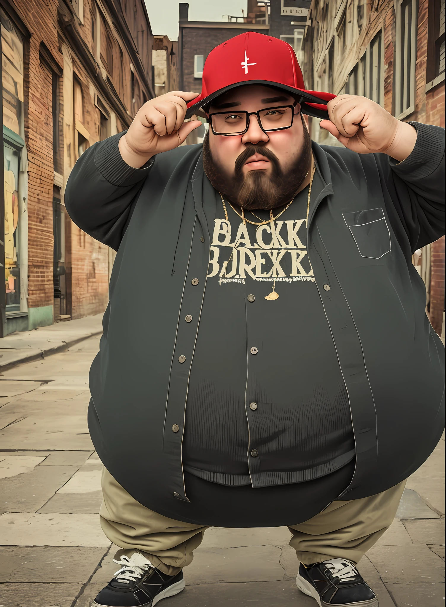 4k, realistic, very detailed, there is a fat man, with black beard, glasses, cap, wearing hip-hop style clothes, wearing baggy pants, street theme, black hair,, 25 years old, full body