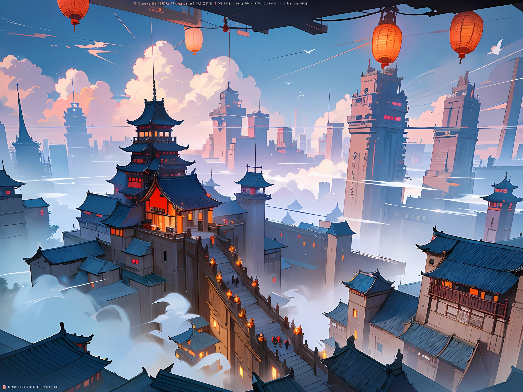 arafed view of a village with a lot of lights on the buildings,Color (Fantasy: 1.2), (cyberpunk chinese ancient castle,), (irregular red building floating on the cloud), patchwork cottages, flower decorations, lights, chinese city, (sky city), ross tran, light shafts, realistic lighting, masterpiece, high quality, beautiful graphics, high detail, masterpiece, high quality, beautiful graphics, high detail, --v6, flying birds in the sky, unreal engine 5,