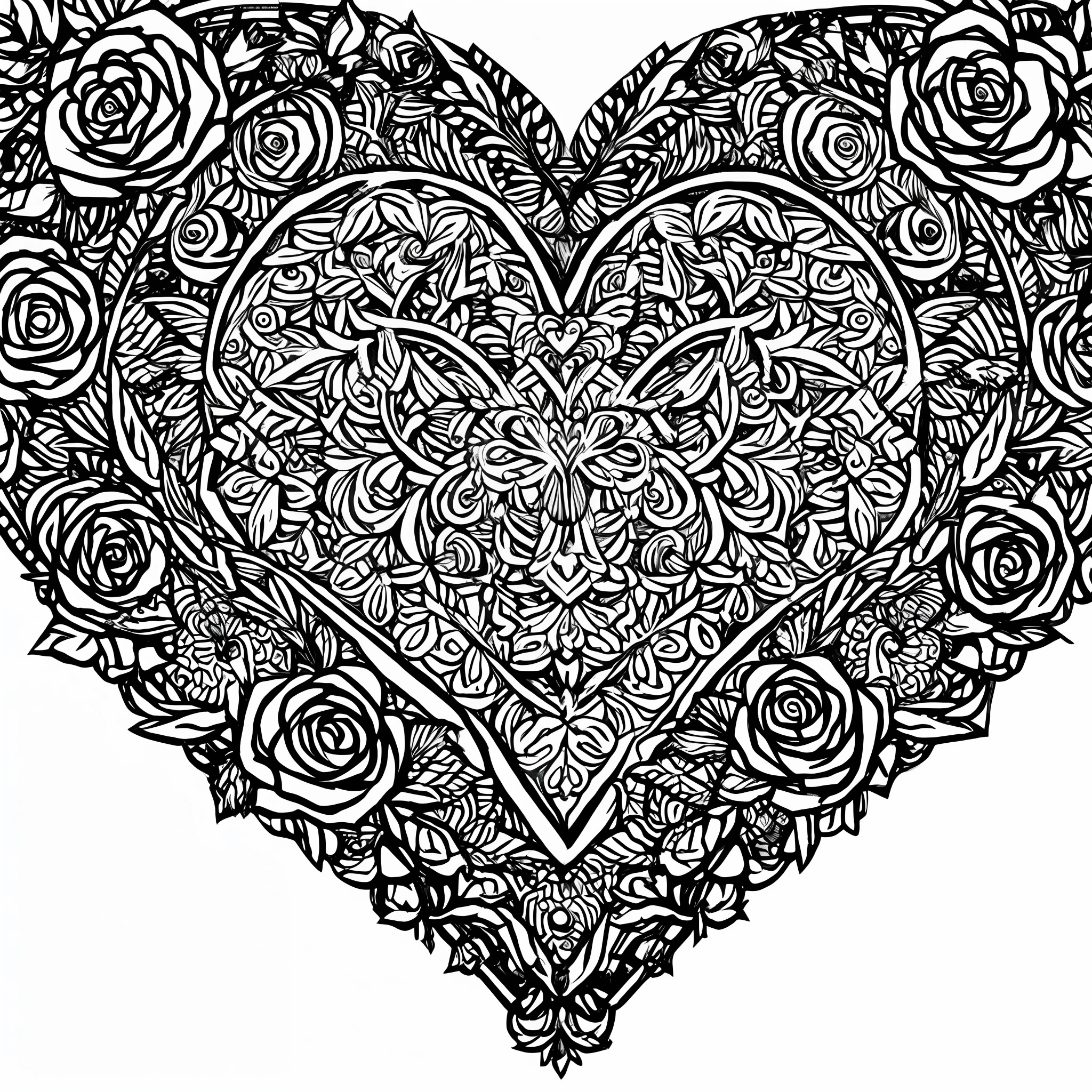 a closeup of a heart-shaped frame with roses on it, symmetrical, drawn on white paper, heart made of flowers, coloring book sketch, highly detailed, hand-drawn amouro, rose crown, portal made of roses, line art!!, black outline illustration, contour art, black ink line art, Conceptual art of love