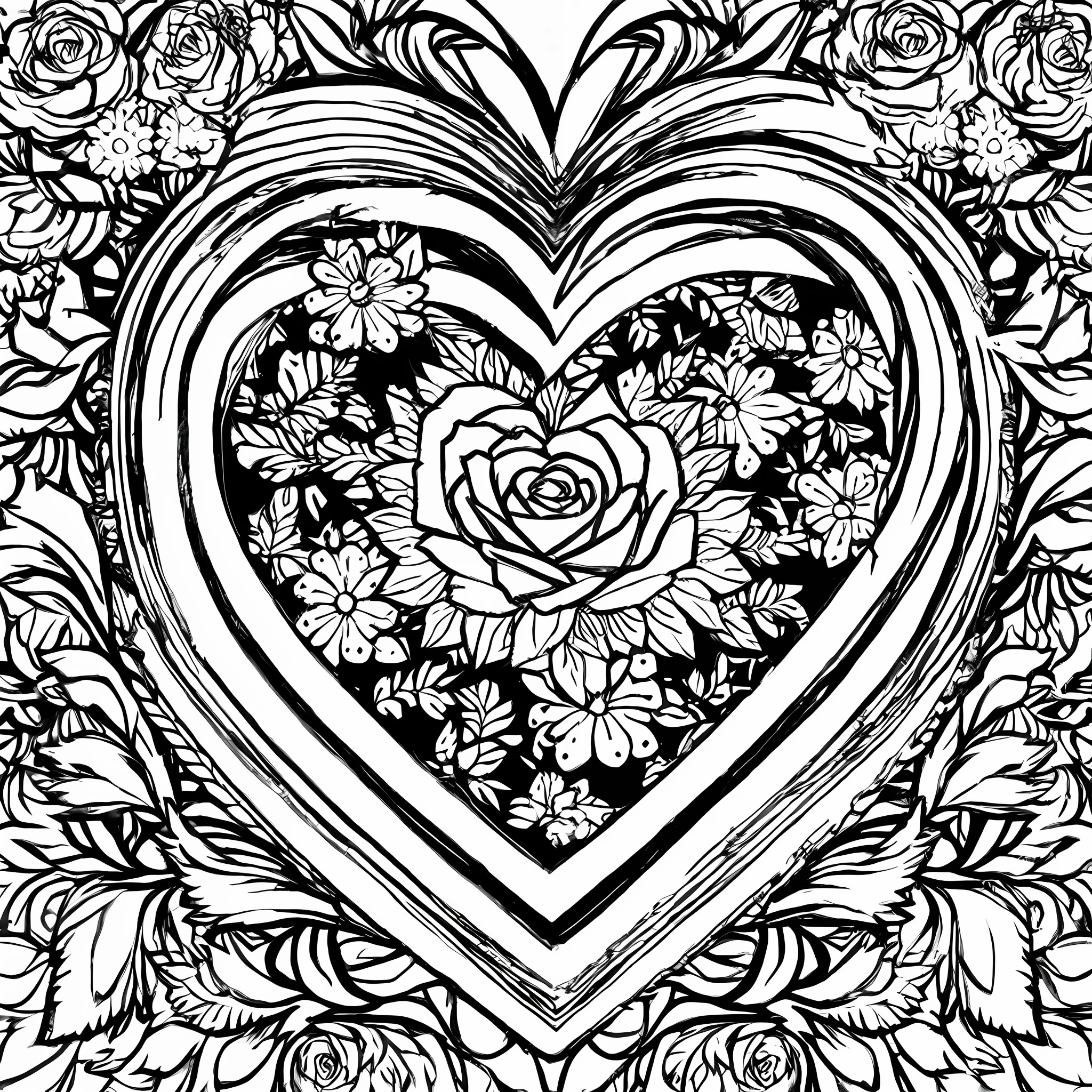 a closeup of a heart-shaped frame with roses on it, symmetrical, drawn on white paper, heart made of flowers, coloring book sketch, highly detailed, hand-drawn amouro, rose crown, portal made of roses, line art!!, black outline illustration, contour art, black ink line art, Conceptual art of love