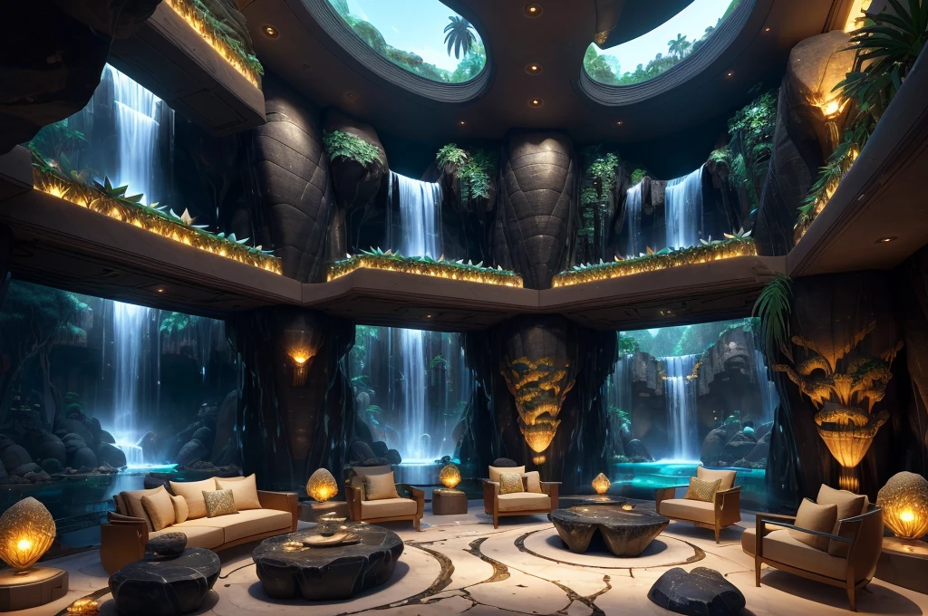 incredible luxurious futuristic interior in Ancient Egyptian style with many lush plants (lotus flowers:1.5, palm trees:1.4, rocky walls, sand:1.5, waterfalls:1.5) marble, precious minerals: 2, metals, gemstones, crystals, clouds and water:2, (curvy futuristic furniture), crocodiles, hieroglyphics: 1.5, ultra luxury:2, black marble – with beautiful lights:1.5, Unreal Engine, HQ, 16k