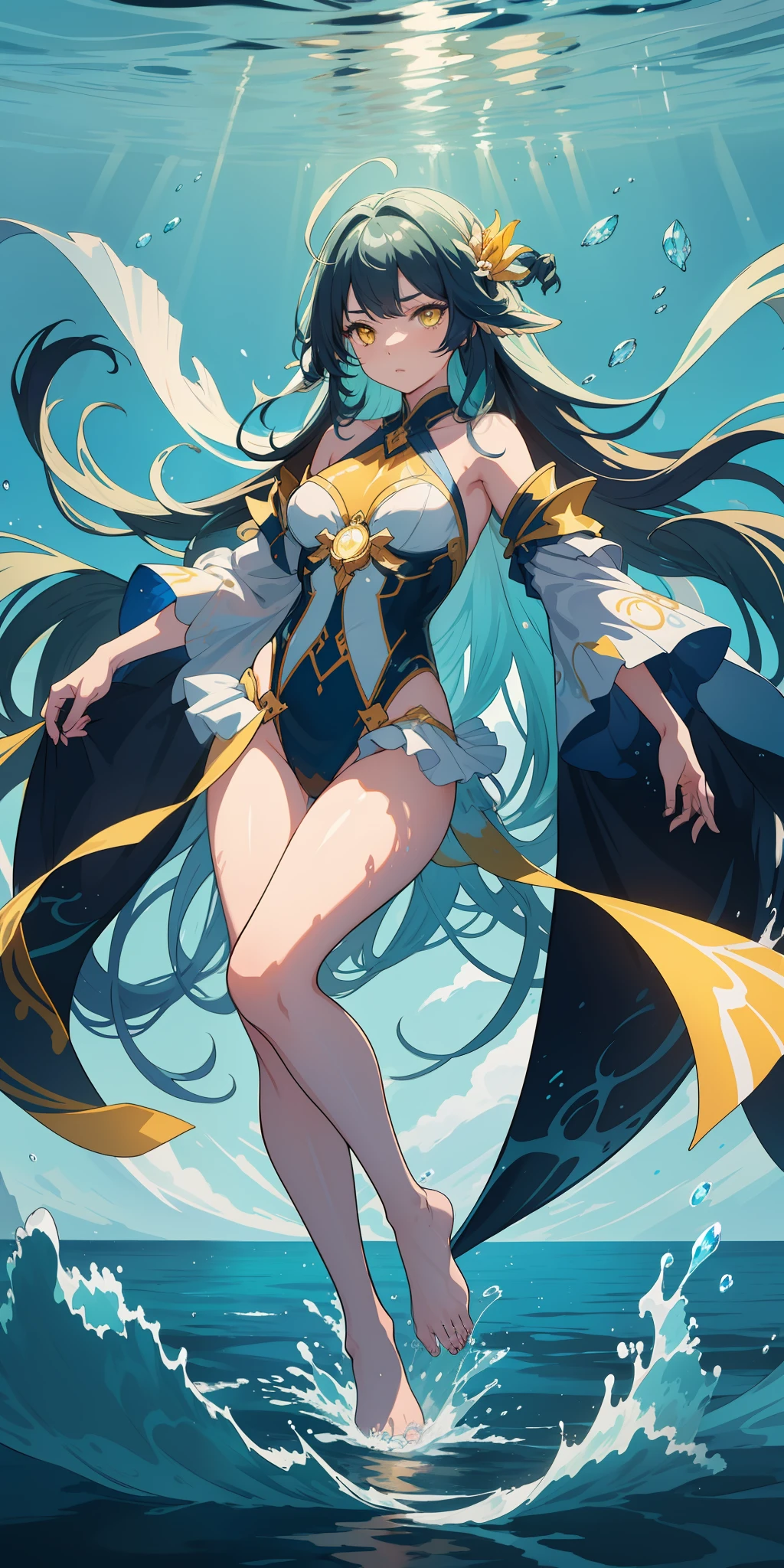 A beautiful girl immersed in water, her long hair flowing through the water. She is adorned in stunning and dynamically colored guardian attire, as depicted in a Pixiv illustration. Her yellow eyes stand out against the water. The background showcases a clear oceanic seascape with crystal-clear waters in incredible and cinematic tones. The overall composition forms a beautiful and illustrative painting, displayed on an extremely detailed 8K CG wallpaper.