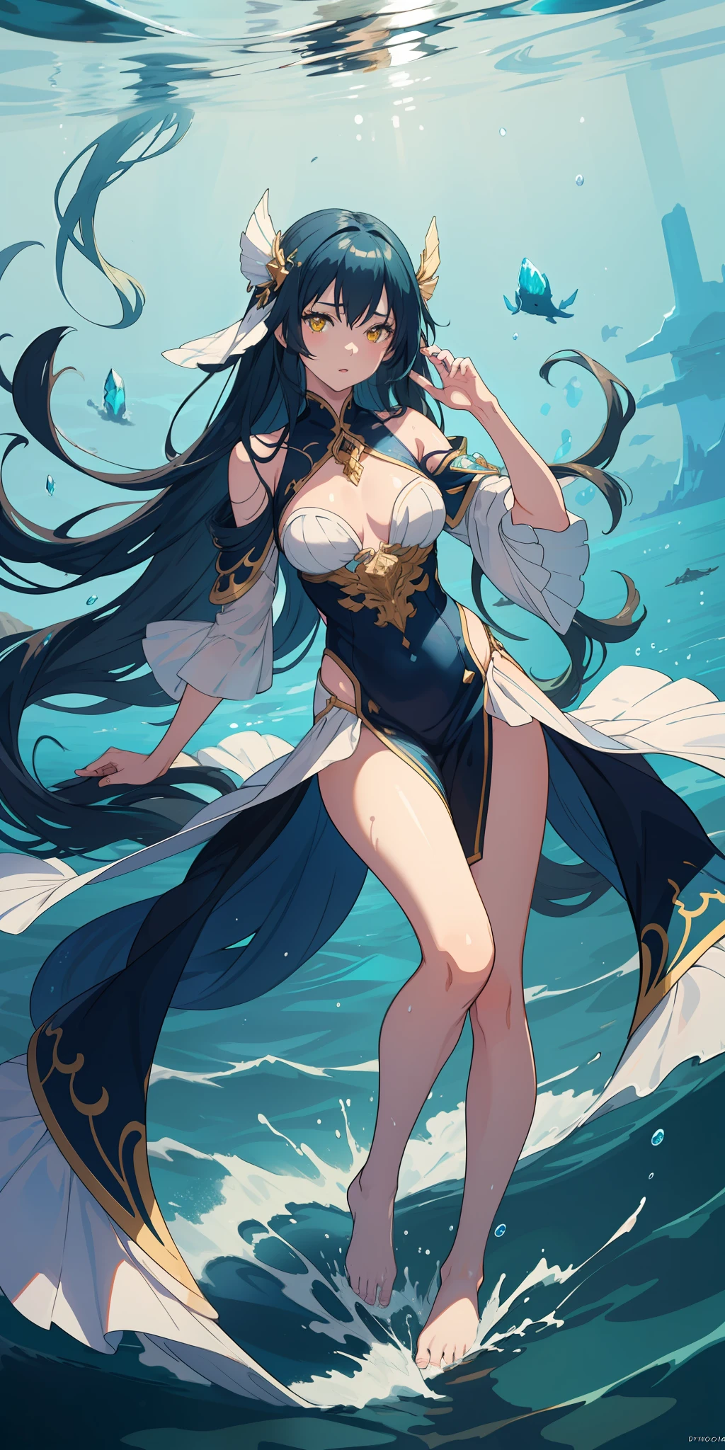 A beautiful girl immersed in water, her long hair flowing through the water. She is adorned in stunning and dynamically colored guardian attire, as depicted in a Pixiv illustration. Her yellow eyes stand out against the water. The background showcases a clear oceanic seascape with crystal-clear waters in incredible and cinematic tones. The overall composition forms a beautiful and illustrative painting, displayed on an extremely detailed 8K CG wallpaper.