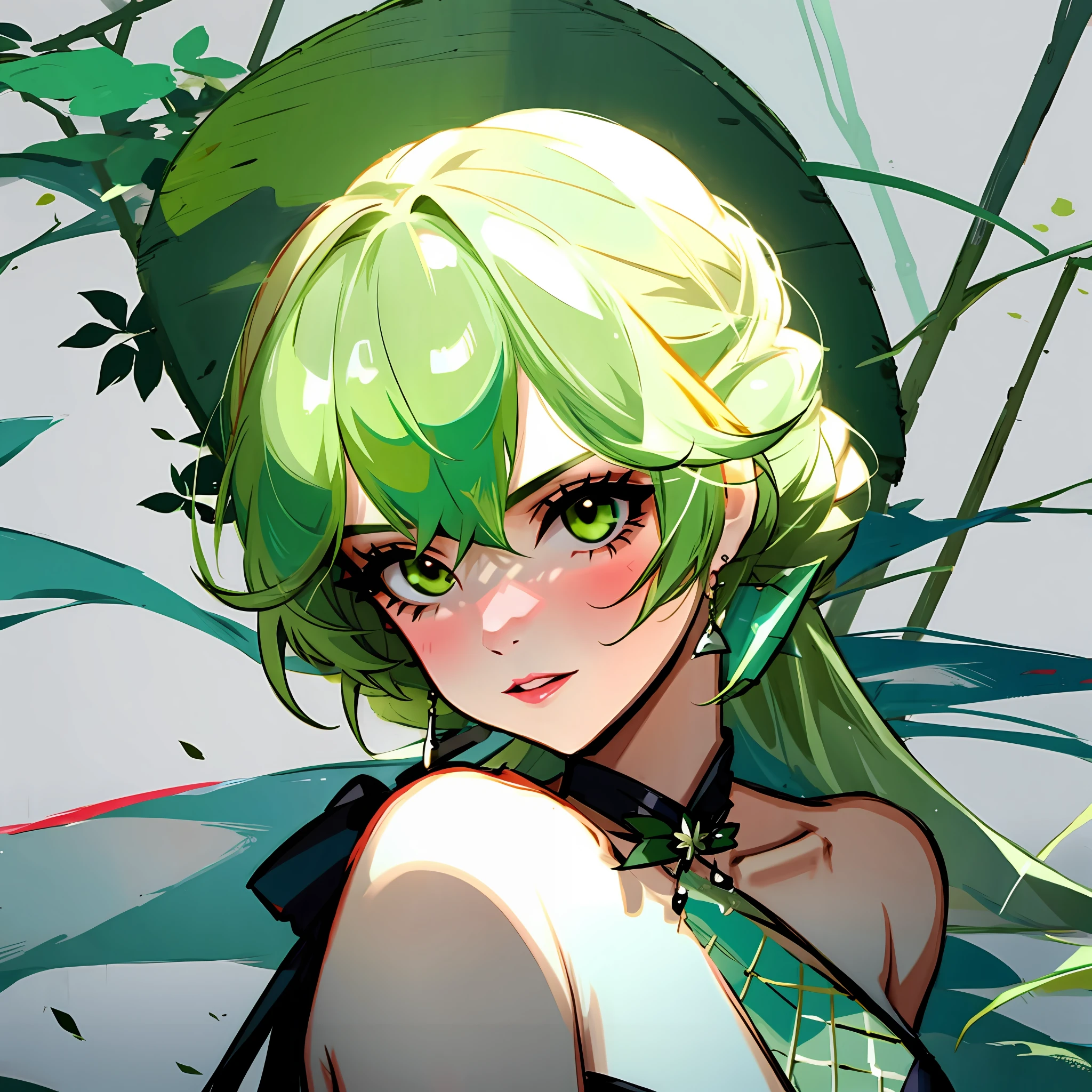 A very beautiful girl with green hair holds a large separated insect head in her hands
