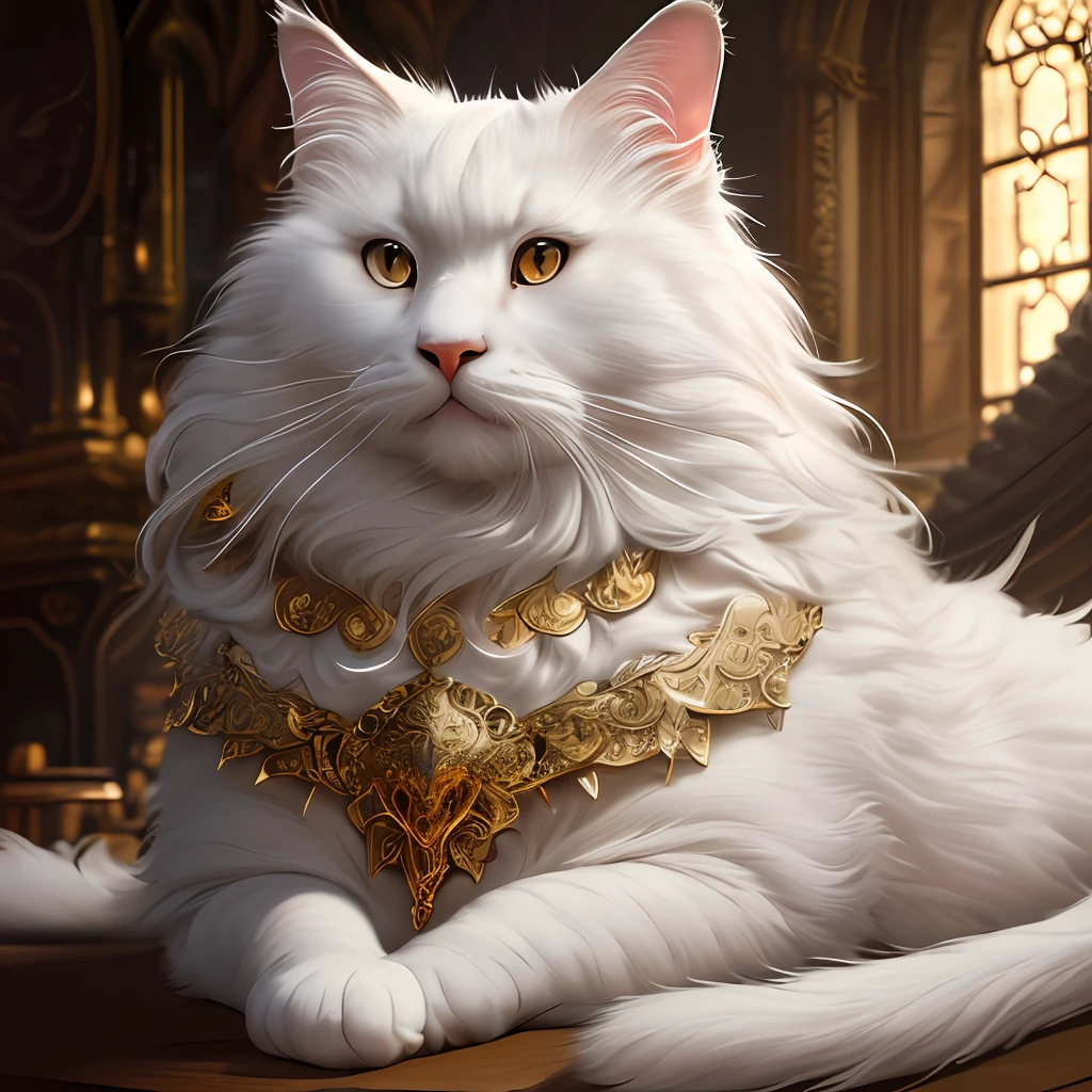 Large, fat, fluffy, white, long-haired Scottish cat, beside golden dragon with scaly skin sit in each other's arms and look at each other like lovers, concept art, complex, elegant, highly detailed digital painting, smooth, sharp focus, illustration, stunningly intricate detail, luminous filigree fantasy, digital art masterpiece, centred composition perfect composition, intricate pose, intricate, beautifully detailed insanely detailed octane rendering, 8k, art photography, photorealistic concept art, soft natural volumetric cinematic perfect light, award winning photography, masterpiece, oil on canvas, intricate, elegant, highly detailed digital artwork