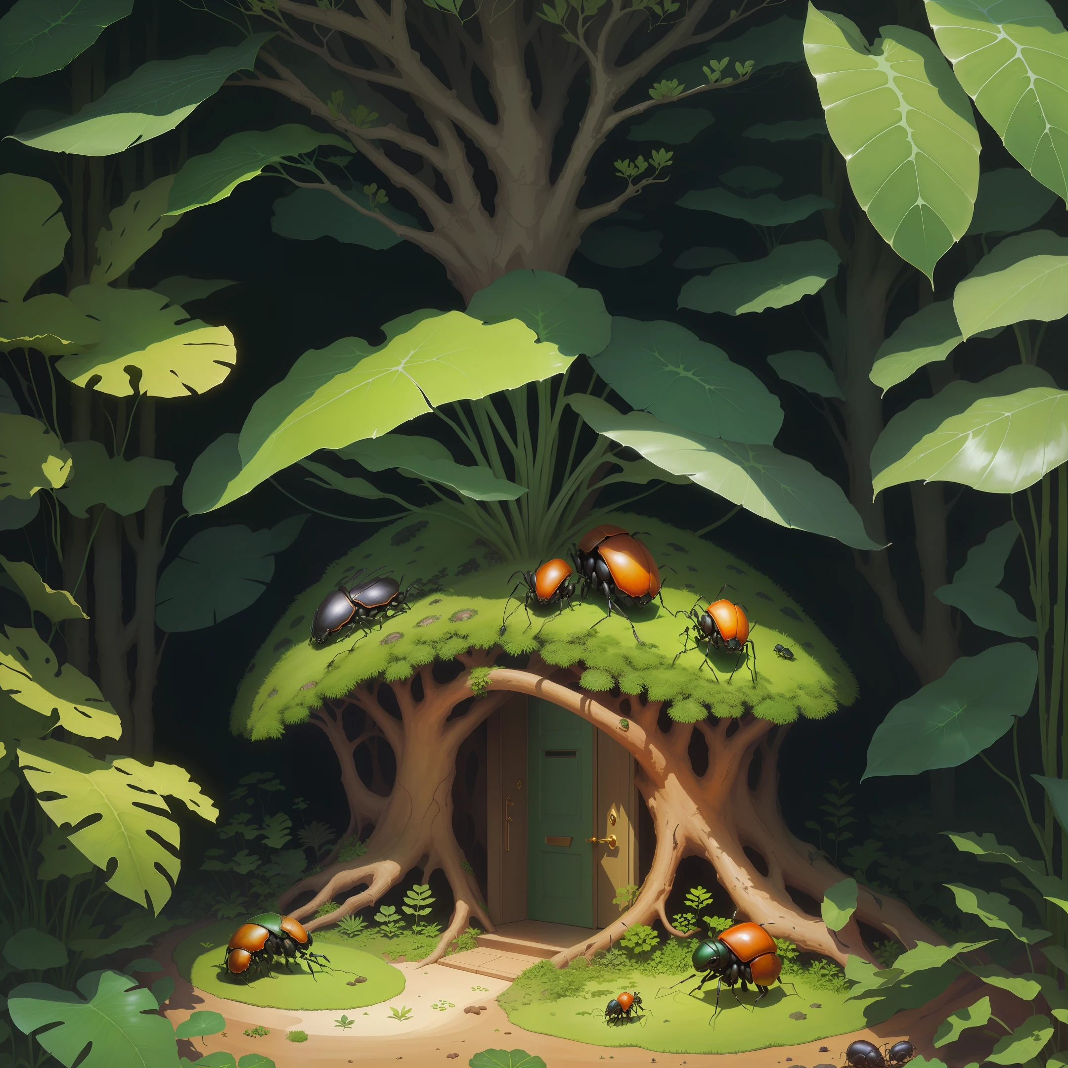 Anthill with front door, Ants, shiny green atlas beetles, forest floor, monstera plants, fantasy