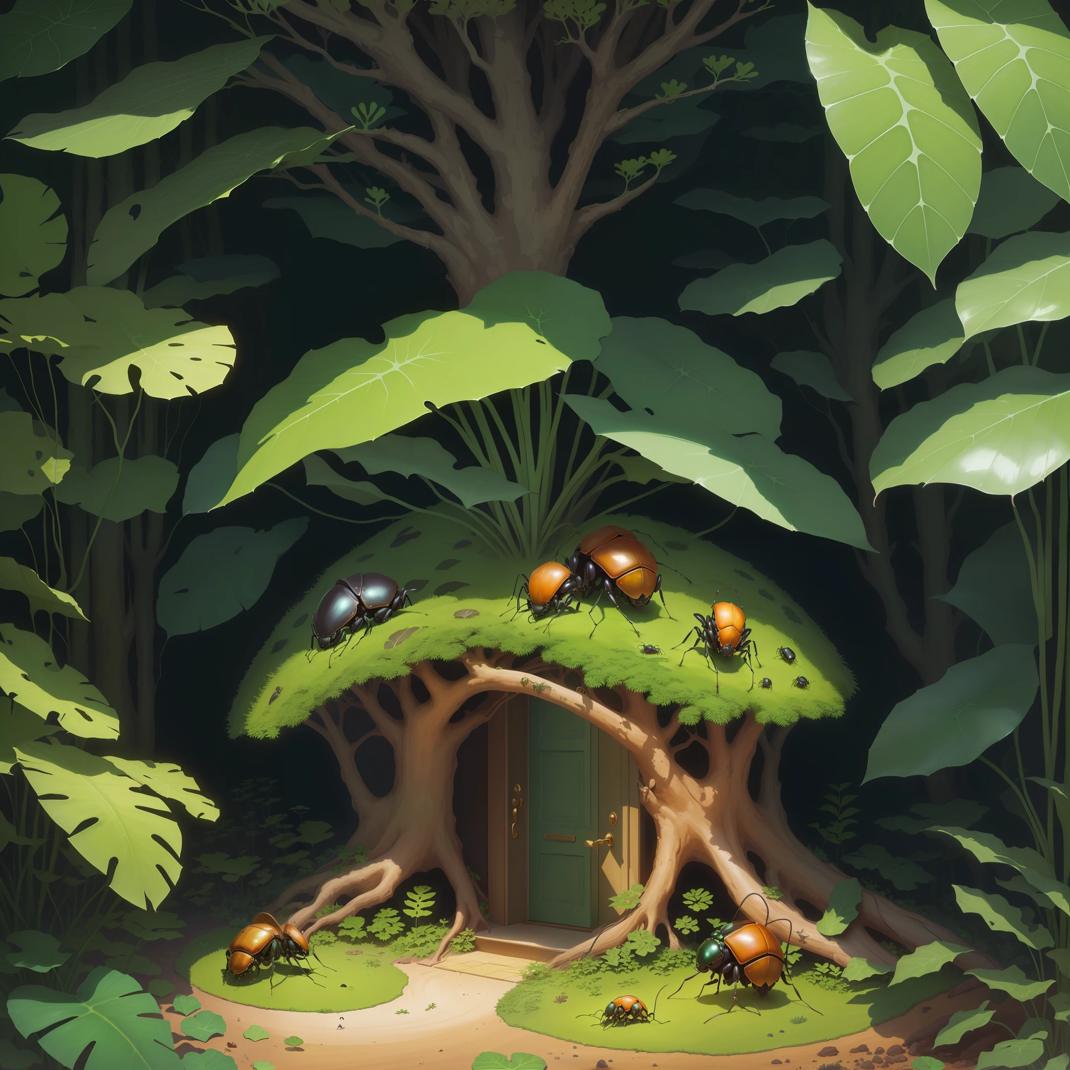 Anthill with front door, Ants, shiny green atlas beetles, forest floor, monstera plants, fantasy