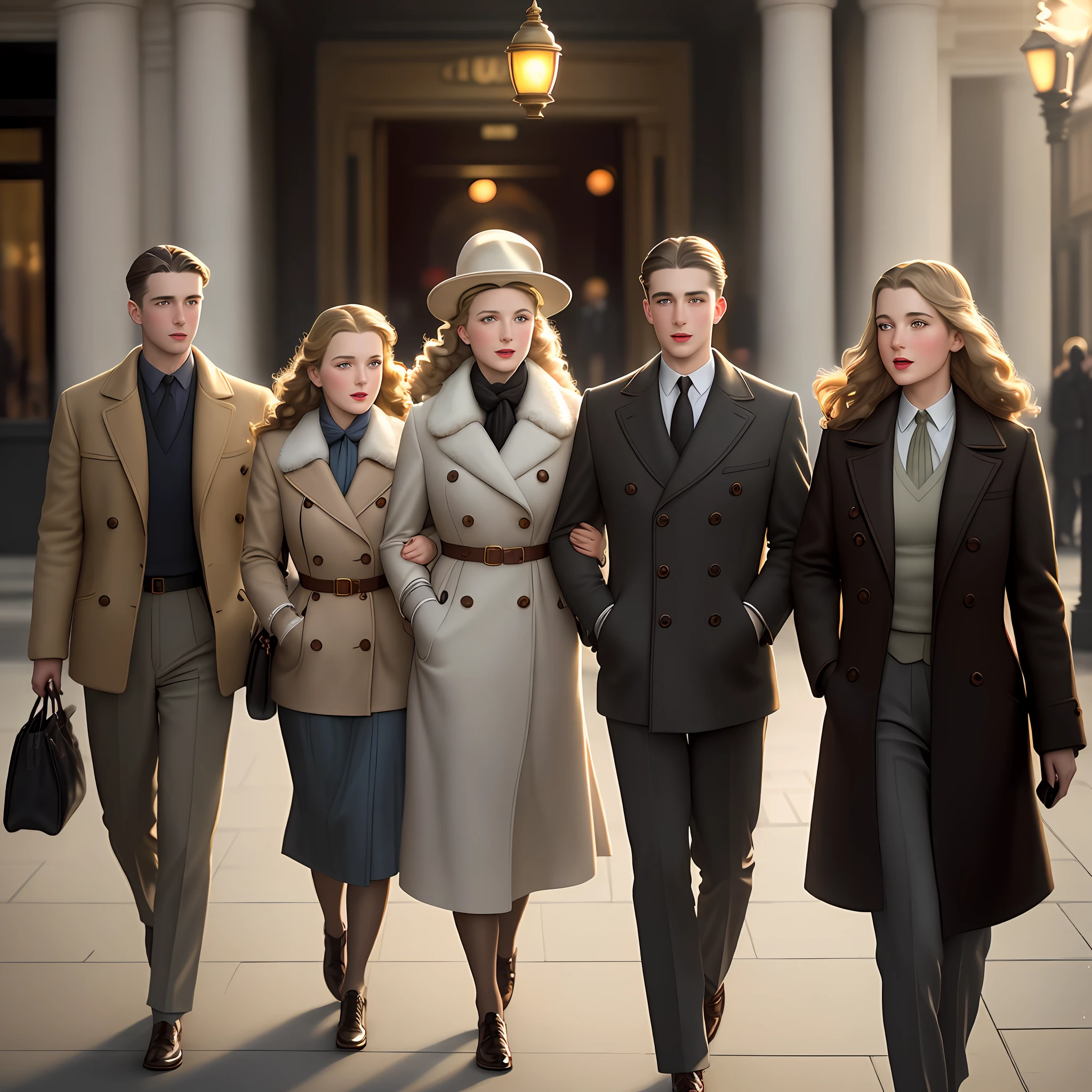 Photorealistic image, 1940, group of 4 friends leaving the cinema wearing very elegant clothes from the 1940s, it is a cold but sunny late winter afternoon. The façade of the Cinema is very luxurious, made of marble and large bronze lamps from the 40s.