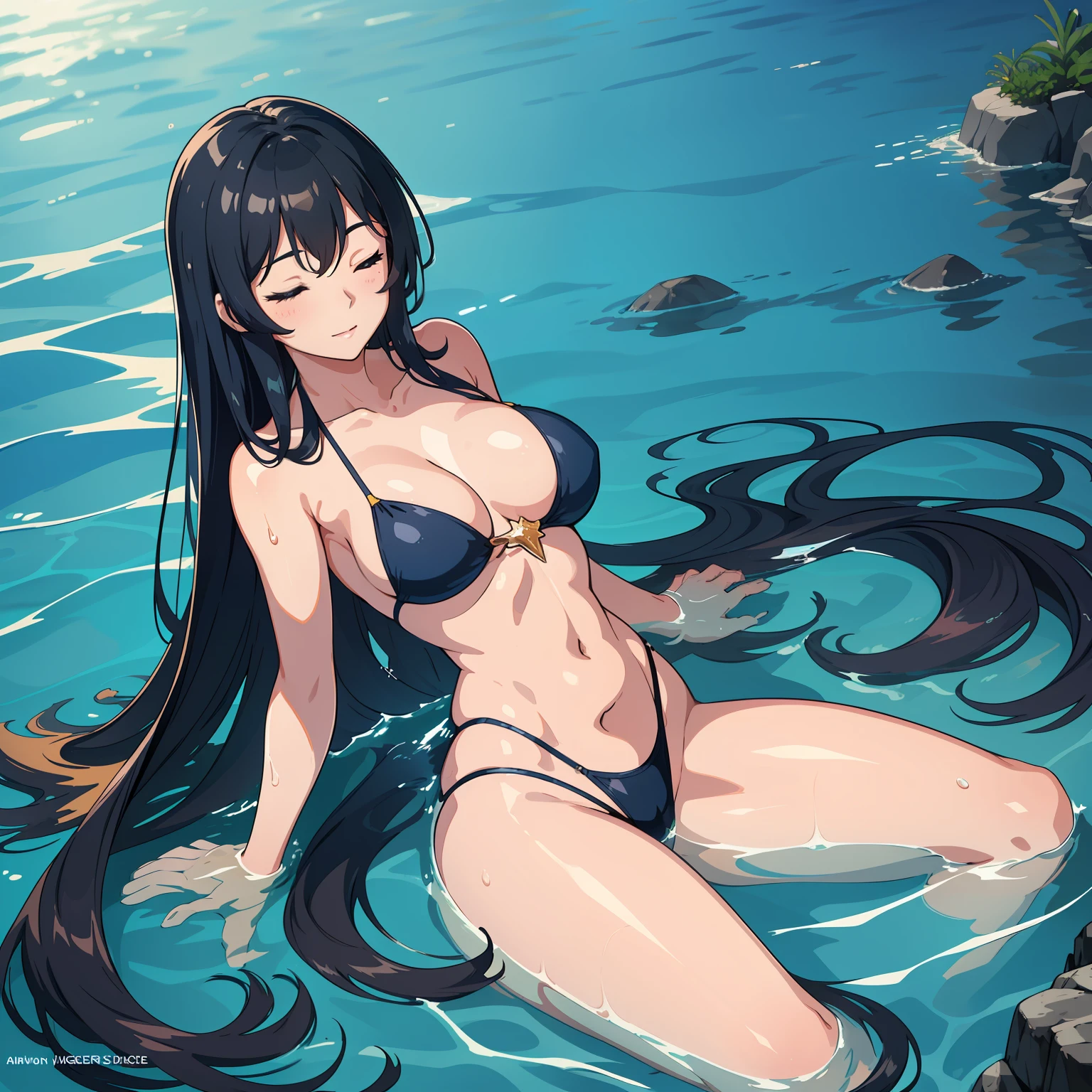 A beautiful woman in the ocean, her eyes closed as she submerges in the water. She is wearing incredible and sensual swimwear, with her long hair spread out in the crystal-clear sea. The gentle sunlight illuminates her body, highlighting its radiance.
