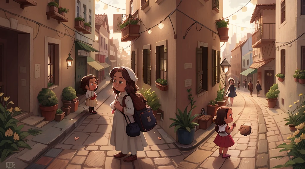 Poor mother Maria and her little daughter Ana walk through the streets of the city, watching the crowd of people pass by without paying them any attention.