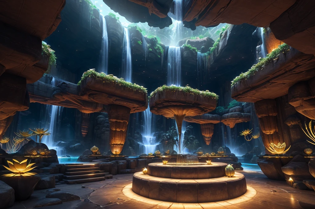 incredible luxurious futuristic interior in Ancient Egyptian style with many lush plants (lotus flowers:1.5, palm trees:1.4, rocky walls, sand:1.5, waterfalls:1.5) marble, precious minerals: 2, metals, gemstones, crystals, clouds and water:2, ((curvy futuristic furniture)), crocodiles, hieroglyphics: 1.5, ultra luxury:2, black marble – with beautiful lights:1.5, Unreal Engine, HQ, 16k