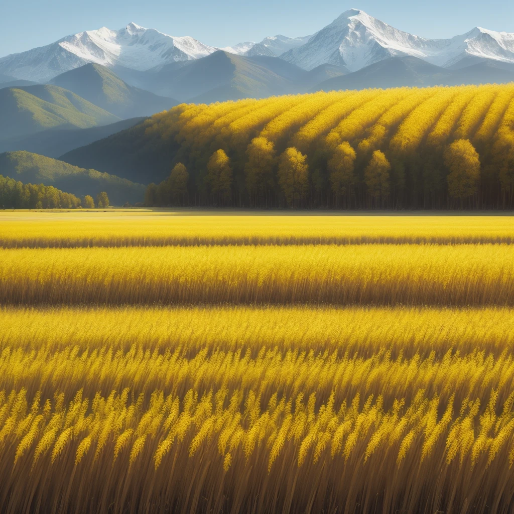 Yellow millet fields, no humans, birds, mountains, woods