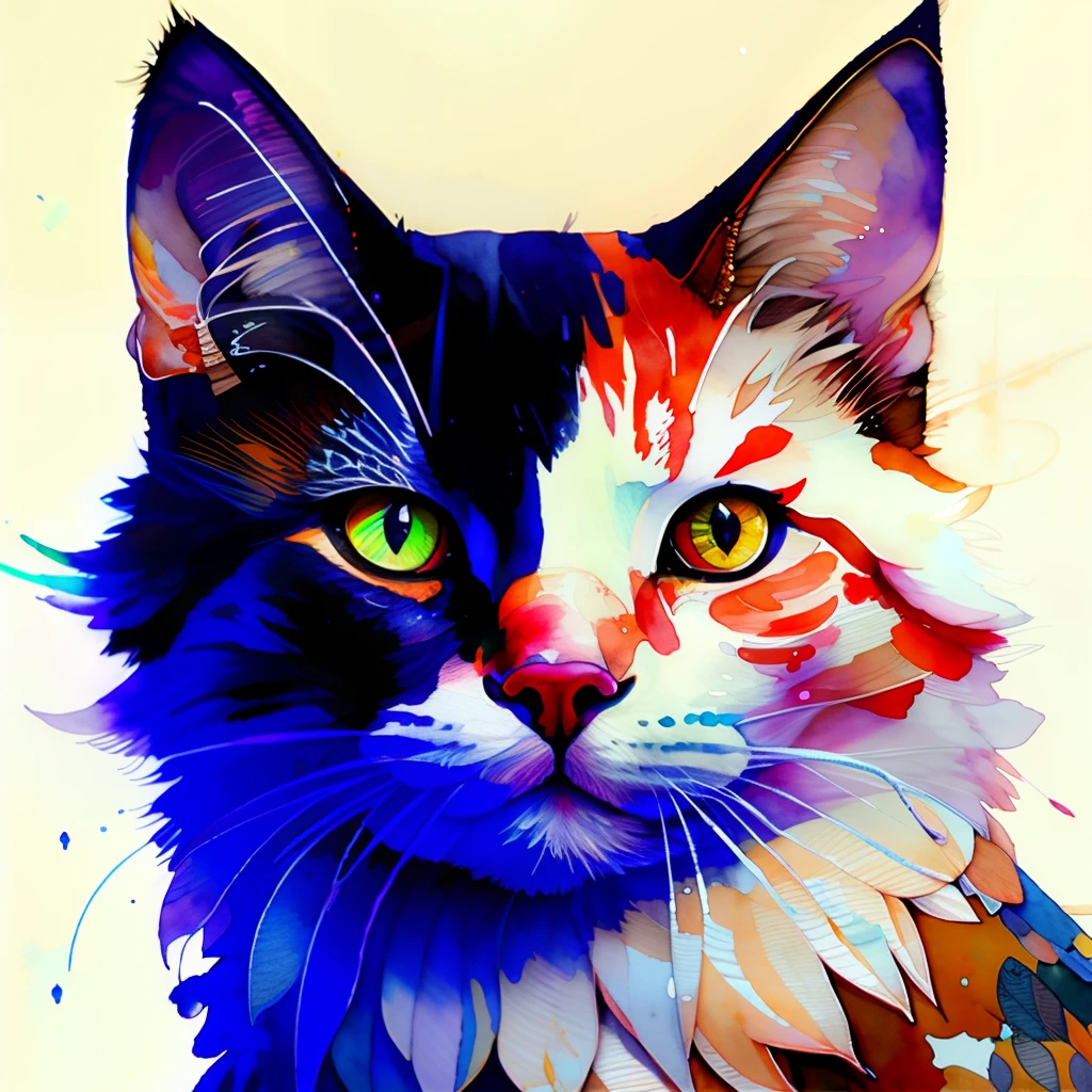 wtrcolor style, Digital art of (cat character), official art, frontal, smiling, masterpiece, Beautiful, ((watercolor)), face paint, paint splatter, intricate details. Highly detailed, detailed eyes, [dripping:0.5], Trending on artstation, by Rachel Walker