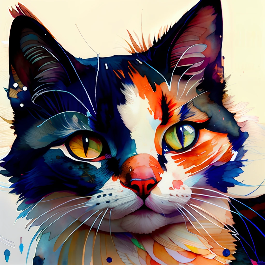 wtrcolor style, Digital art of (cat character), official art, frontal, smiling, masterpiece, Beautiful, ((watercolor)), face paint, paint splatter, intricate details. Highly detailed, detailed eyes, [dripping:0.5], Trending on artstation, by Rachel Walker