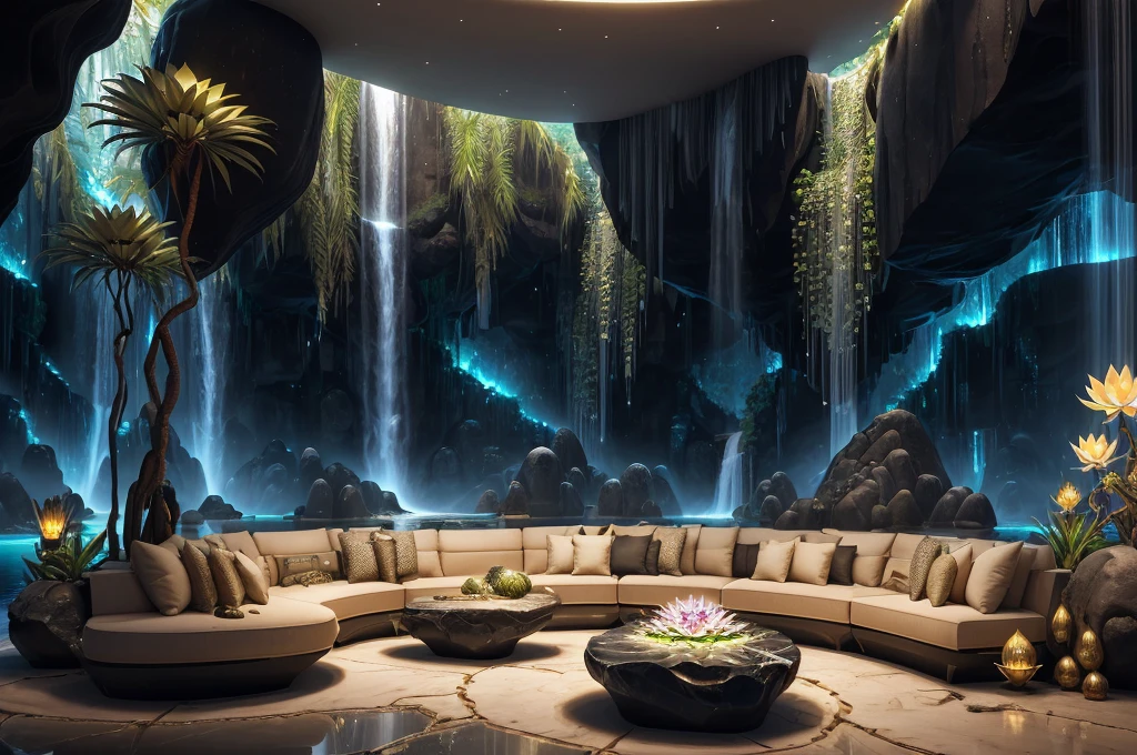 incredible luxurious futuristic living room interior in Ancient Egyptian style with many lush plants (lotus flowers:1.5, palm trees:1.4, rocky walls, sand:1.5, waterfalls:1.5) marble, precious minerals: 2, metals, gemstones, crystals, clouds and water:2, ((curvy futuristic furniture)), crocodiles, hieroglyphics: 1.5, ultra luxury:2, black marble – with beautiful lights:1.5, Unreal Engine, HQ, 16k