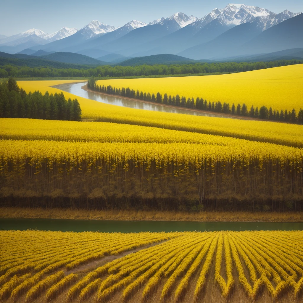 Yellow millet fields, no humans, birds, mountains, woods, rivers