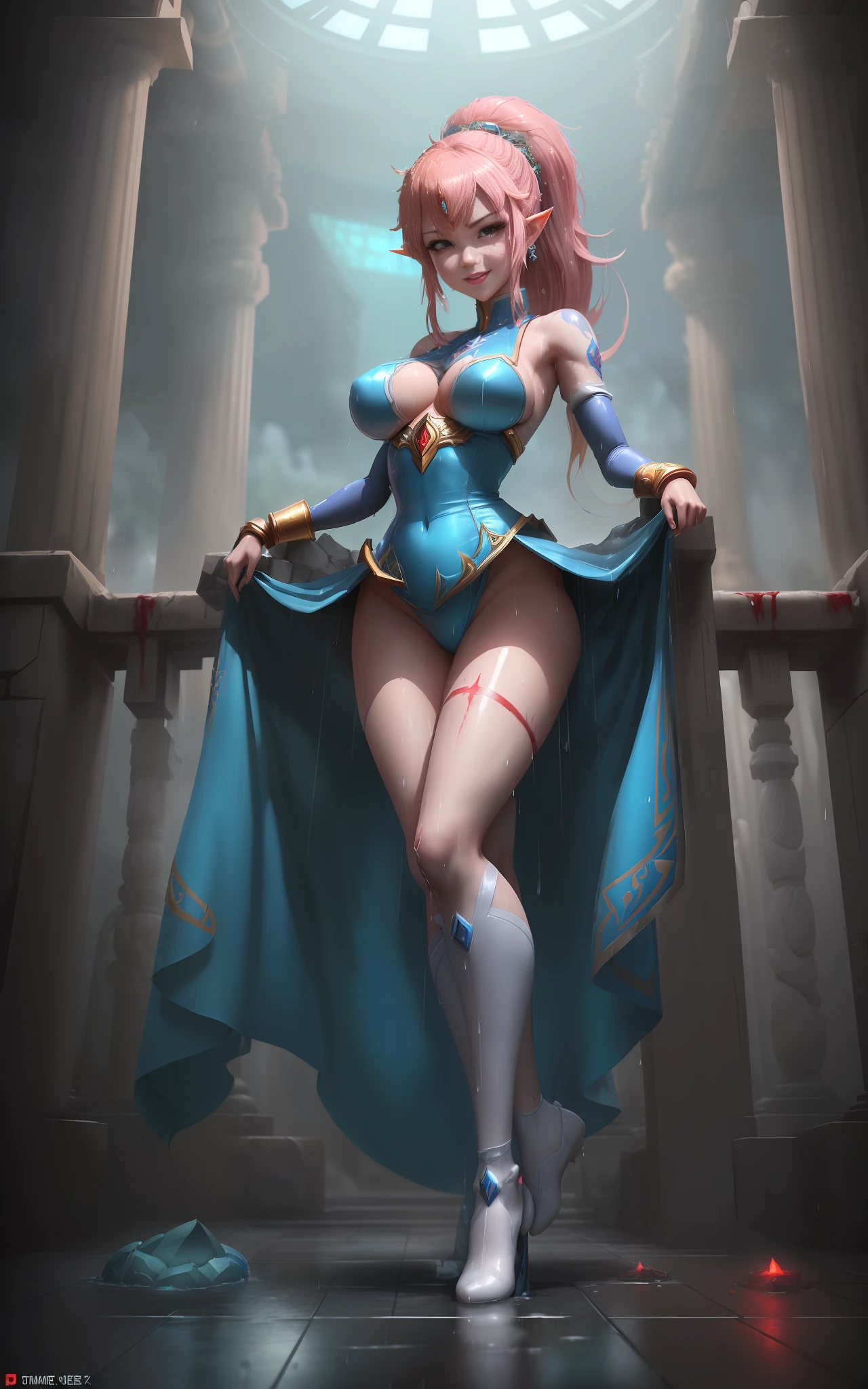 ((1 Princess Zelda/Mega Man-X/Samus Aran/front meadow with her legs spread apart horizontally/poses/legs apart/huge breasts/short mohawk hair/full body tattoos/katanna waist/bathed in her enemies' blood on her clothes and whole body/extremely wet/looked at the viewer with a smile. Background:Macabre temple with blood poses and raining very hard inside the temple)) Unreal Engine 5, Anime Style, Masterpiece, Max Resolution/Sharpness/Quality/Detail.