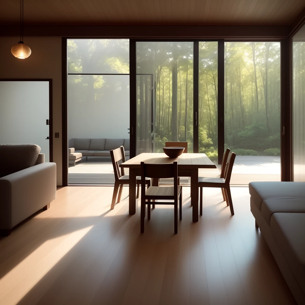 Very realistic, interior design, very detailed architectural photography, comfortable modern living room, (bright warm sunshine 1:0.1), award-winning contemporary interior design, landscape, table, chair, interior, wooden floor, window, dining room, East Asian architecture, sliding door, lamp, architecture, forest, nature, cup, plant, interior design, interesting light and shadow, depth of field, low light, realistic shadow, realistic lighting, 8k, HD