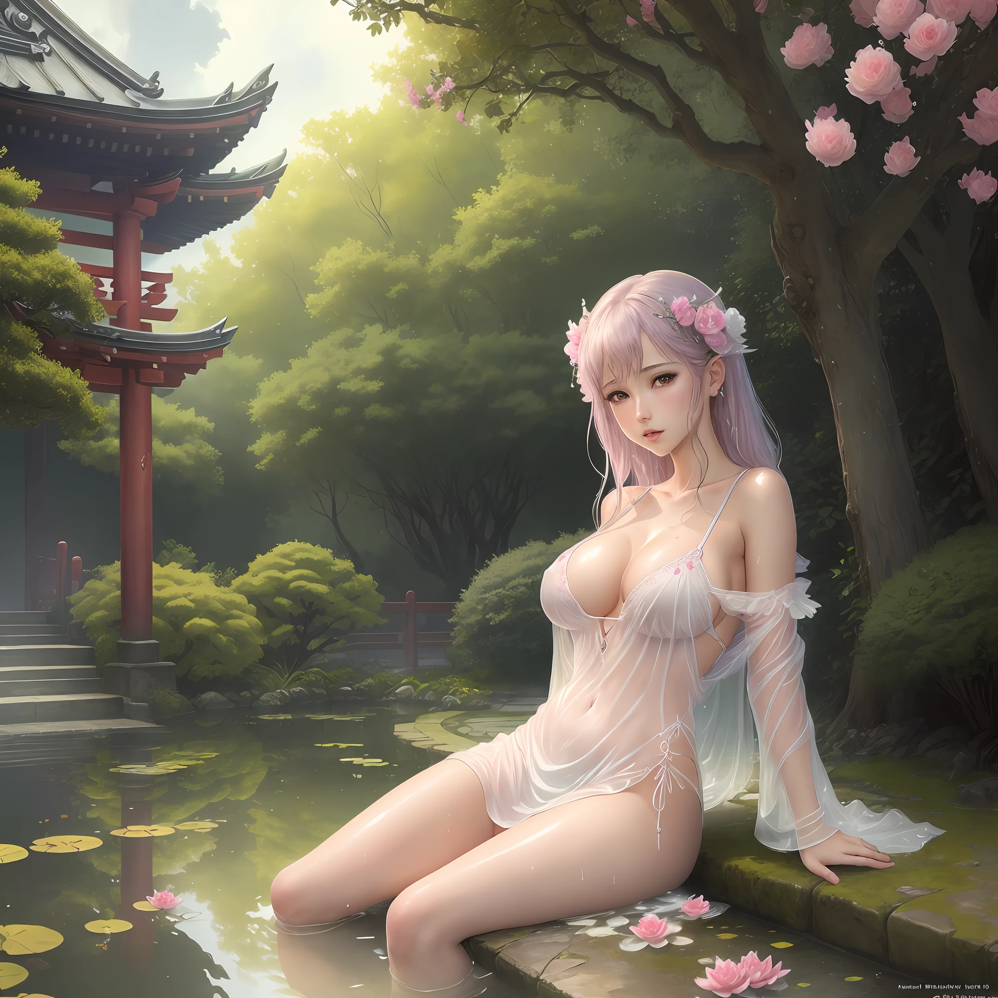((best quality)), ((masterpiece)), incomparable, (detailed), seductive succubus, ethereal beauty, perched on a tree in pink bloom, (fantasy illustration: 1.3), charming look, captivating pose, lonely girl, (wet open legs), (no panties), supernatural charm, mystical sky, (Luis Royo:1.2), (Yoshitaka Amano:1.1), moonlit morning, soft colors, (detailed clouds:1.3), (high resolution:1.2), Japanese temple in the background, transparent ultrathin wet white dress, (no bra), (giant breasts), legs hanging above the pond, Greek goddess, realistic, realism, sexy body, bath in the pond, wet, wet dress, wet breasts, hard and stiff breasts, hot, sexy pose