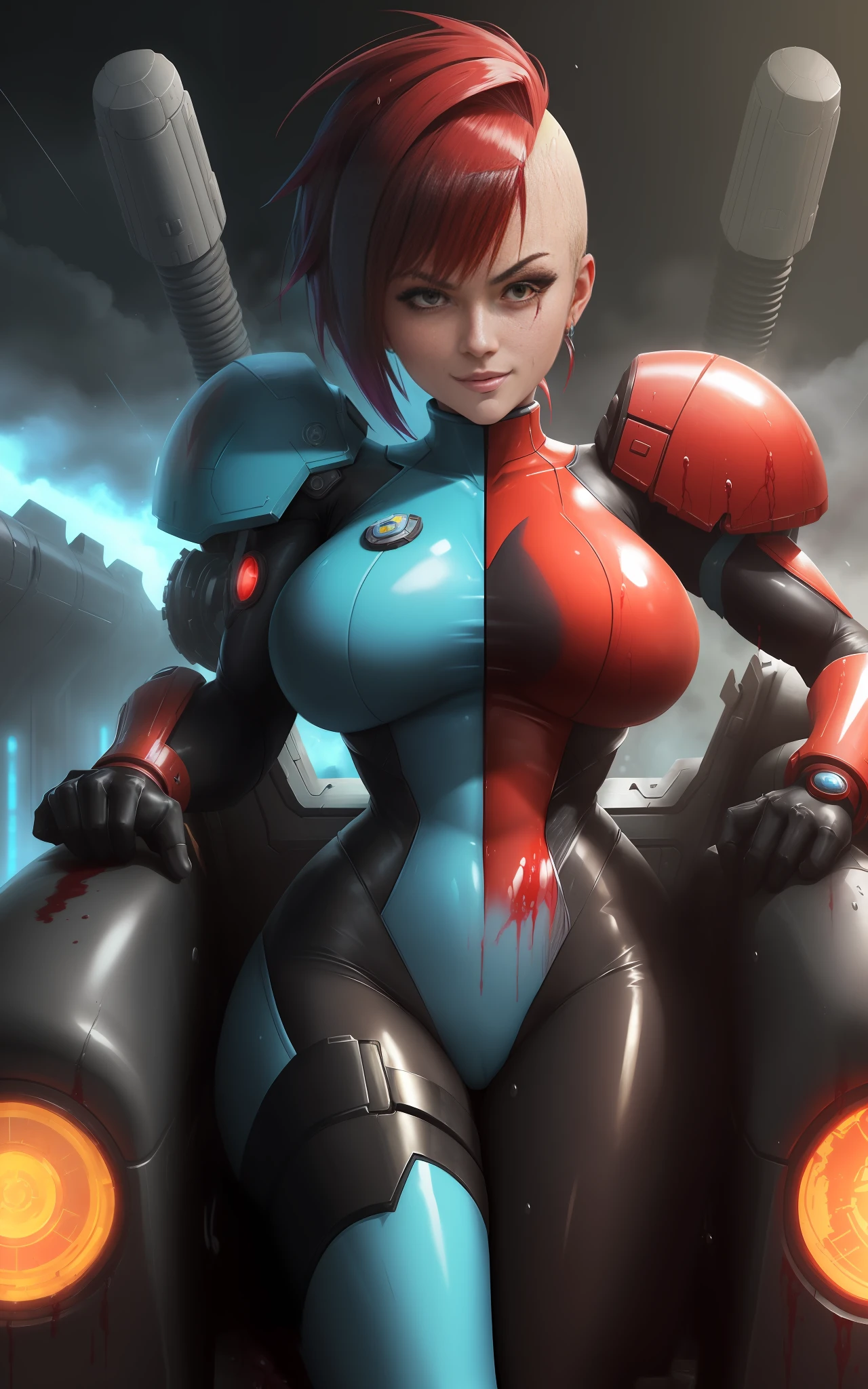 ((1woman/Mega Man-X/Samus Aran/front meadow with her legs spread wide horizontally/poses/legs apart/huge breasts/short mohawk hair//kata/bathed in her enemies' blood on her clothes and whole body/extremely wet/looked at the viewer with a smile. Background:Macabre futuristic city with blood poses and raining very hard)) Unreal Engine 5, Anime Style, Mortal Kombat, Masterpiece, Max Resolution/Sharpness/Quality/Detail.