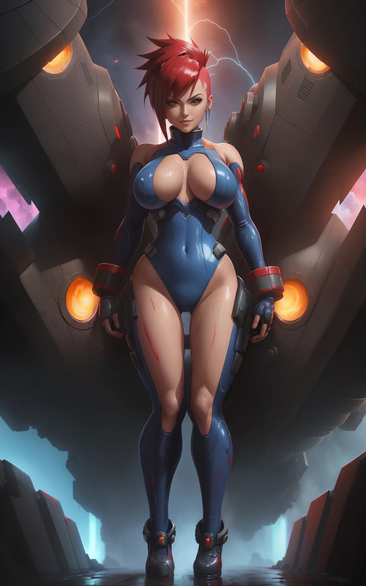 ((1woman/Mega Man-X/Samus Aran/front meadow with her legs spread wide horizontally/poses/legs apart/huge breasts/short mohawk hair//kata/bathed in her enemies' blood on her clothes and whole body/extremely wet/looked at the viewer with a smile. Background:Macabre futuristic city with blood poses and raining very hard)) Unreal Engine 5, Anime Style, Mortal Kombat, Masterpiece, Max Resolution/Sharpness/Quality/Detail.
