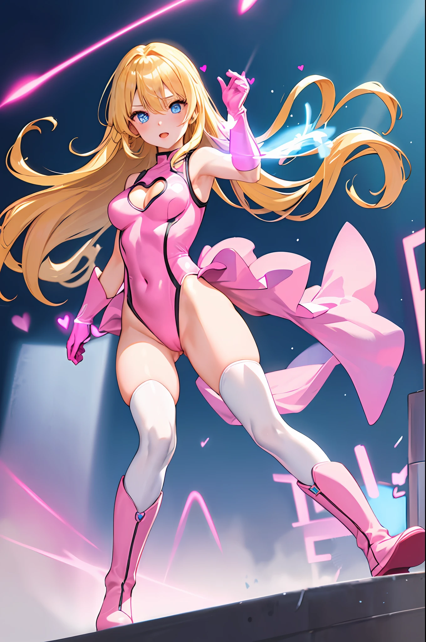 masterpiece, best quality, highres, 1girl, solo, superhero, leotard, bare legs, matching boots, aura, blue aura, sleeveless, looking at viewer, light particles, city backdrop, perfect hands, perfect eyes, powering up, perfect leotard, perfect legs, perfect arms, perfect fingers, medium breasts, pink leotard, standing, blonde hair, long hair, knee boots, blue eyes, heart cutout, cute face, hair down, bangs, sleeveless, pink gloves, pink footwear, cleavage cutout,