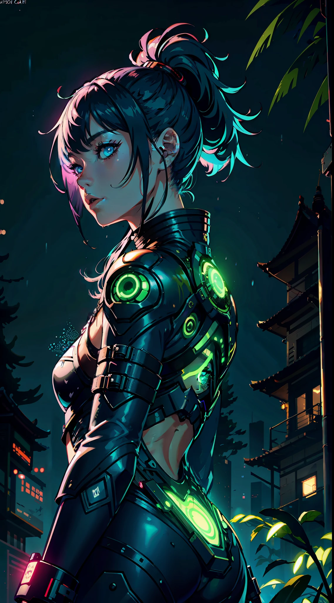 1girl, solo, girl, futuristic outfit, neon samurai, very beautiful cyberpunk samurai, cyberpunk samurai, ghost blade style, cyberpunk victo ngai style, cyberpunk neon style, cyberpunc, cyberpunk neon, technomancer, video game character, synthwave image, cyberpunk, concept art neon glow, moon, lantern, night, solo, outdoor, sky, full moon, rain, mountain, cloud, paper lantern, night sky, fringe, tree, reflection, cloudy sky, {{(masterpiece),(CG unity 8k extremely detailed wallpaper),best quality,solo,cinematic lighting,detailed background,beautiful detailed eyes,bright pupils,(an extremely delicate and beautiful),(beautiful and detailed eye description),ultra-detailed,masterpiece,}}, detailed eyes, beautiful eyes, realistic eyes, beautiful eyes, perfect eyes, back view, (Anamorphic rays, rain), (mantis blades)