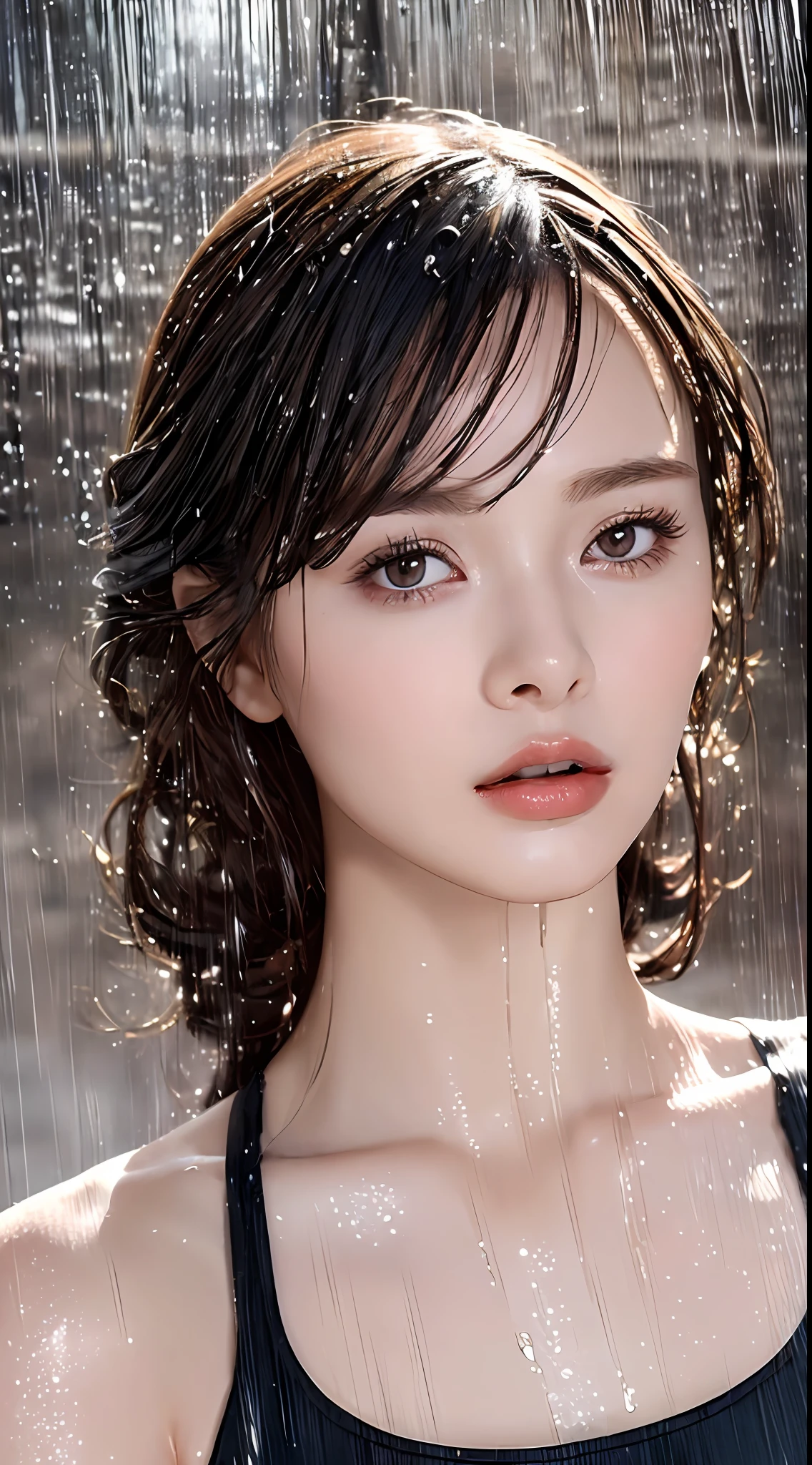 (Best quality, 4k, Masterpiece :1.3), pretty woman, 1girl, sexy :1.1, dark brown hair: 1.1, (rainy wet, wet from rain, wet body :1.2), white tank tops, ultra-detailed face, detailed lips, detailed eyes, double eyelid