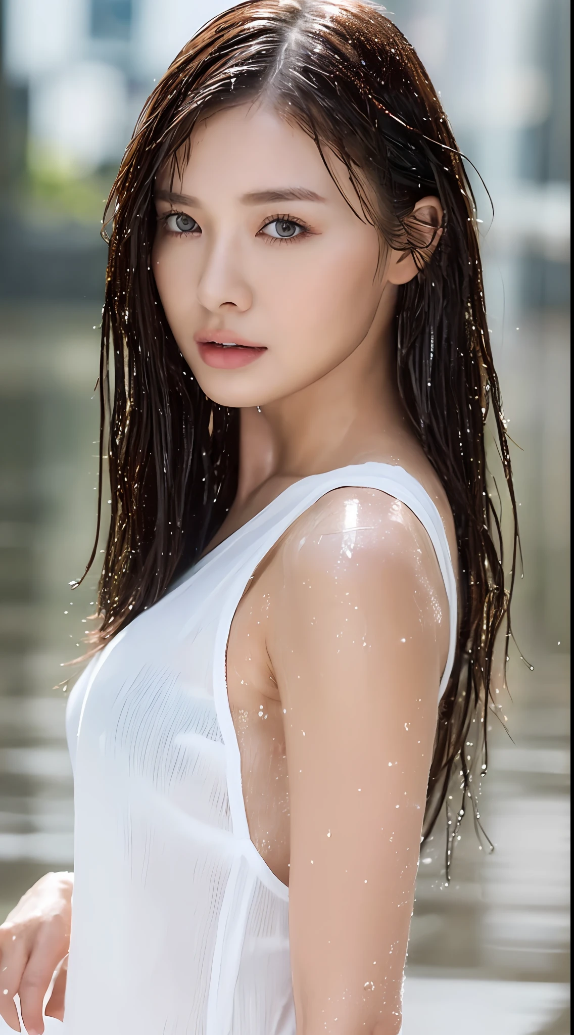 (Best quality, 4k, Masterpiece :1.3), pretty woman, 1girl, sexy :1.1, dark brown hair: 1.1, (rainy wet, wet from rain, wet body :1.2), white tank tops, ultra-detailed face, detailed lips, detailed eyes, double eyelid