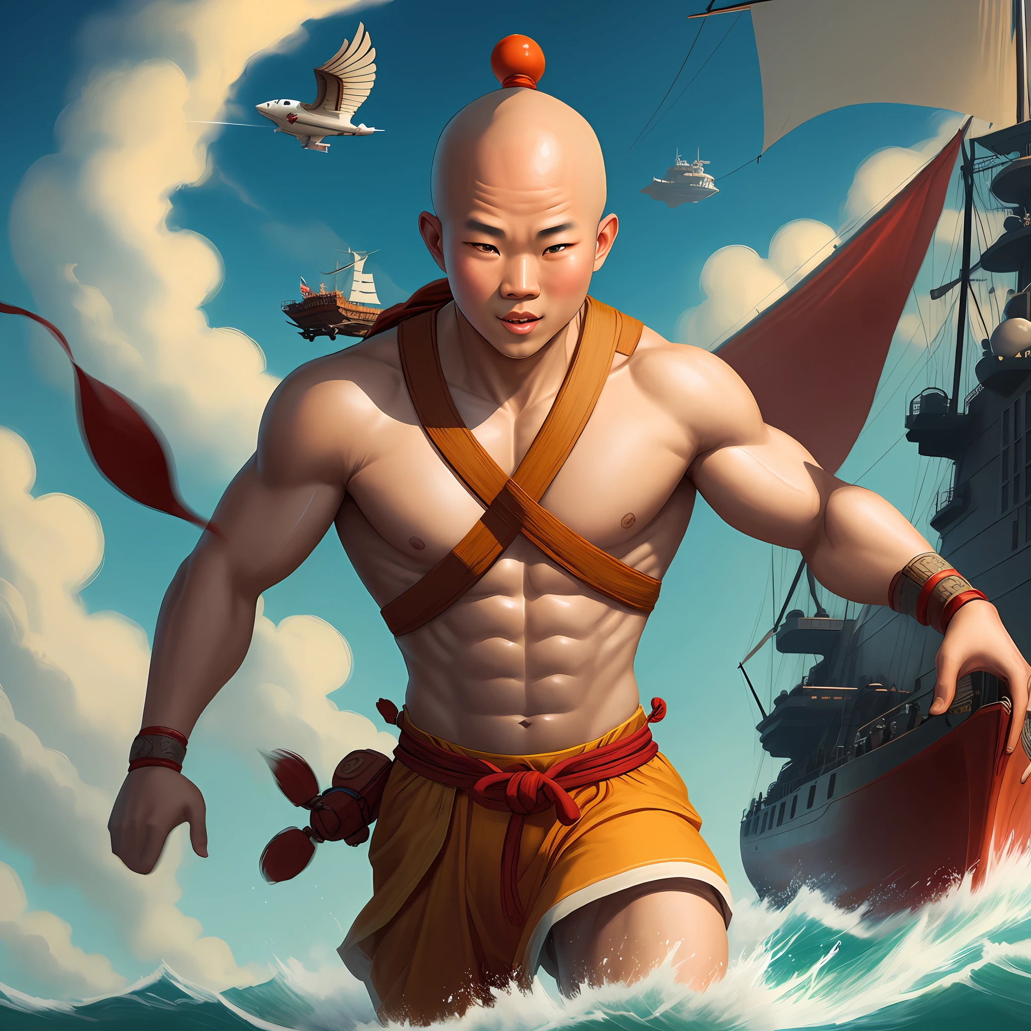 Shaolin monk piloting ship