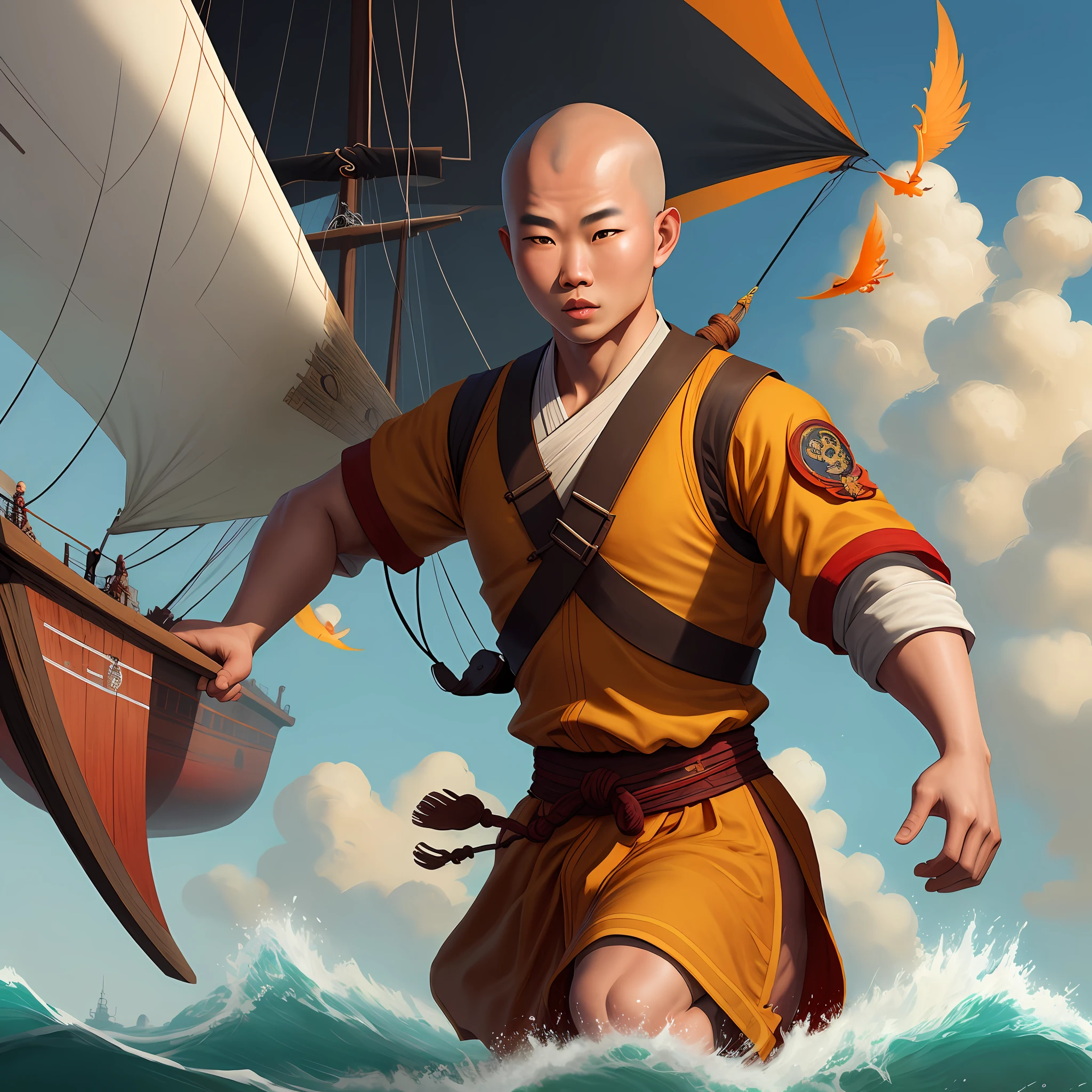 Shaolin monk piloting ship