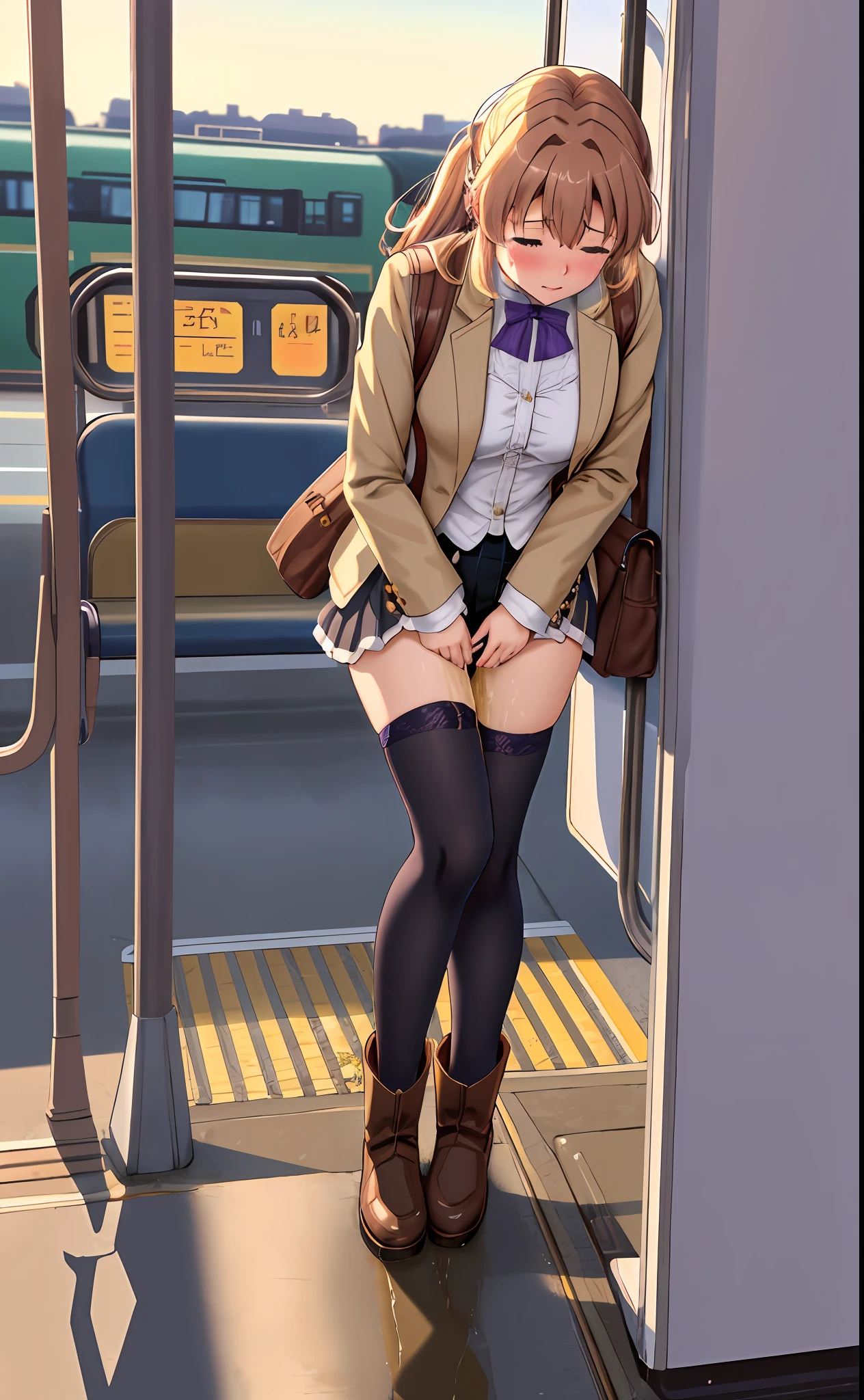peeing herself, peeing, peeing self, very desperate to pee, violet evergarden, at a train station, full face blush, sad, crying, flustered, black stockings brown boots ruffled panties, peeing, peeing self, peeing, peeing self, pee puddle, puddle of her own urine is forming around her feet