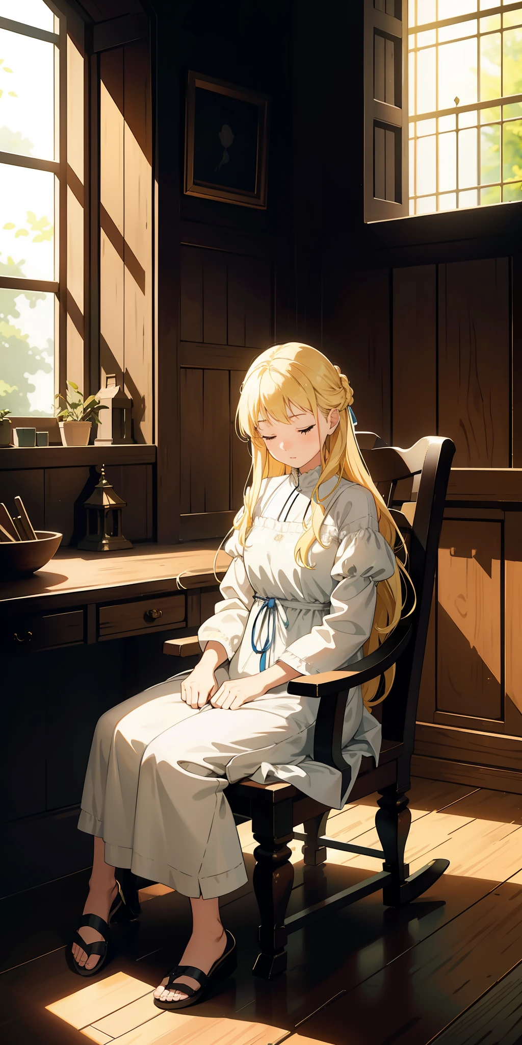 A girl with her eyes closed, long blonde hair cascading down to the floor, dressed in medieval attire, sitting on a rocking chair in a simple room with a few furnishings. The room is softly lit by natural sunlight, with cinematic and artistic tones that alternate between light and shadow play.