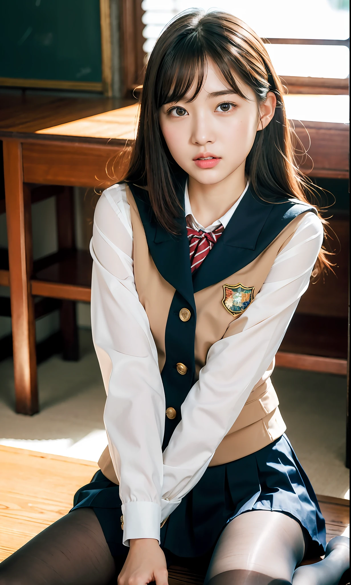 ulzzang-6500-v1.1, (raw photo:1.2), (photorealistic:1.4), beautiful detailed girl, very detailed eyes and face, beautiful detailed eyes, ridiculous, incredibly ridiculous, huge file size, super detailed, high resolution, very detailed, best quality, masterpiece, kemomimi, ((Japanese girls' high school uniform)), illustration, very detailed, CG, unified, 8k wallpaper, amazing, Fine details, masterpiece, best quality, very detailed CG uniform 8k wallpaper, light on face, cinematic lighting, 1girl, , ((no panties)), ((dynamic pose))), (camel toe), (half), (pantyhose), (knee-bending leg sitting))