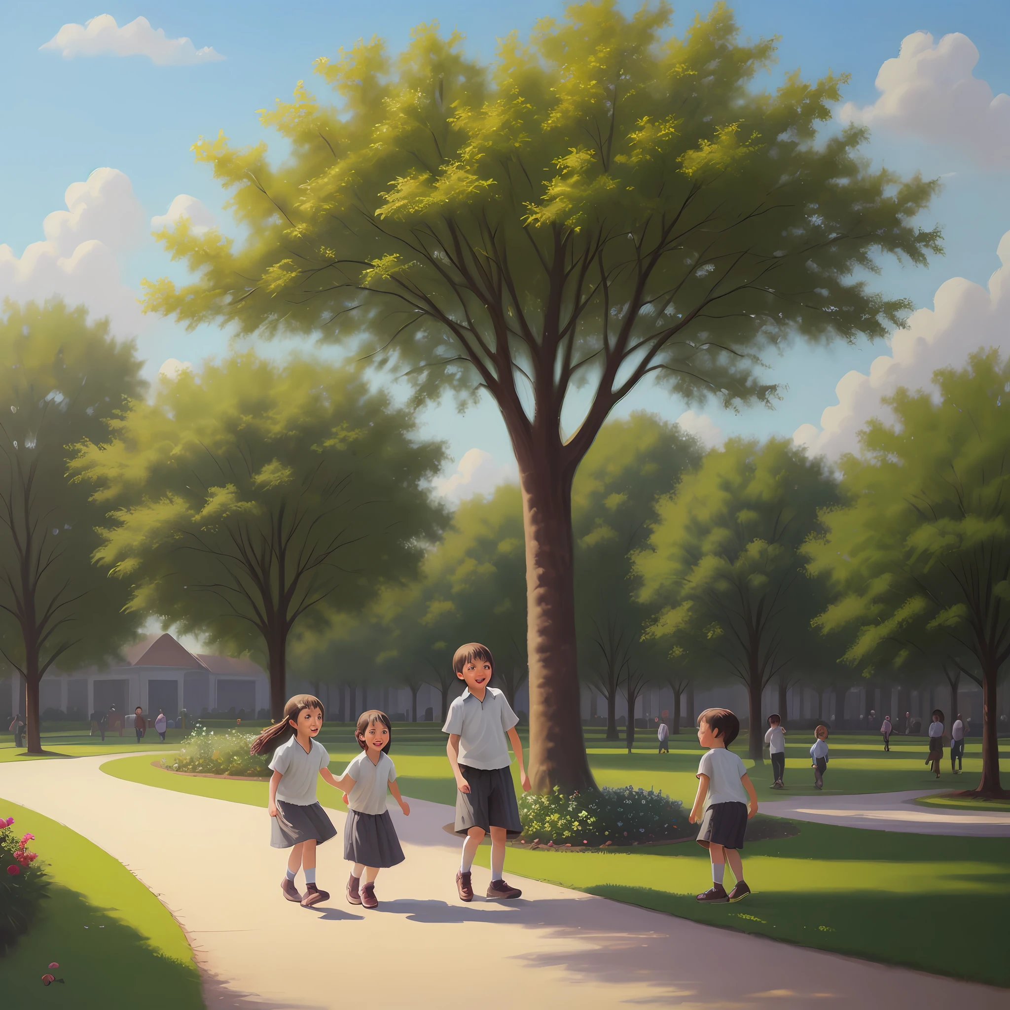 Children playing in the park, oil painting on canvas, realistic