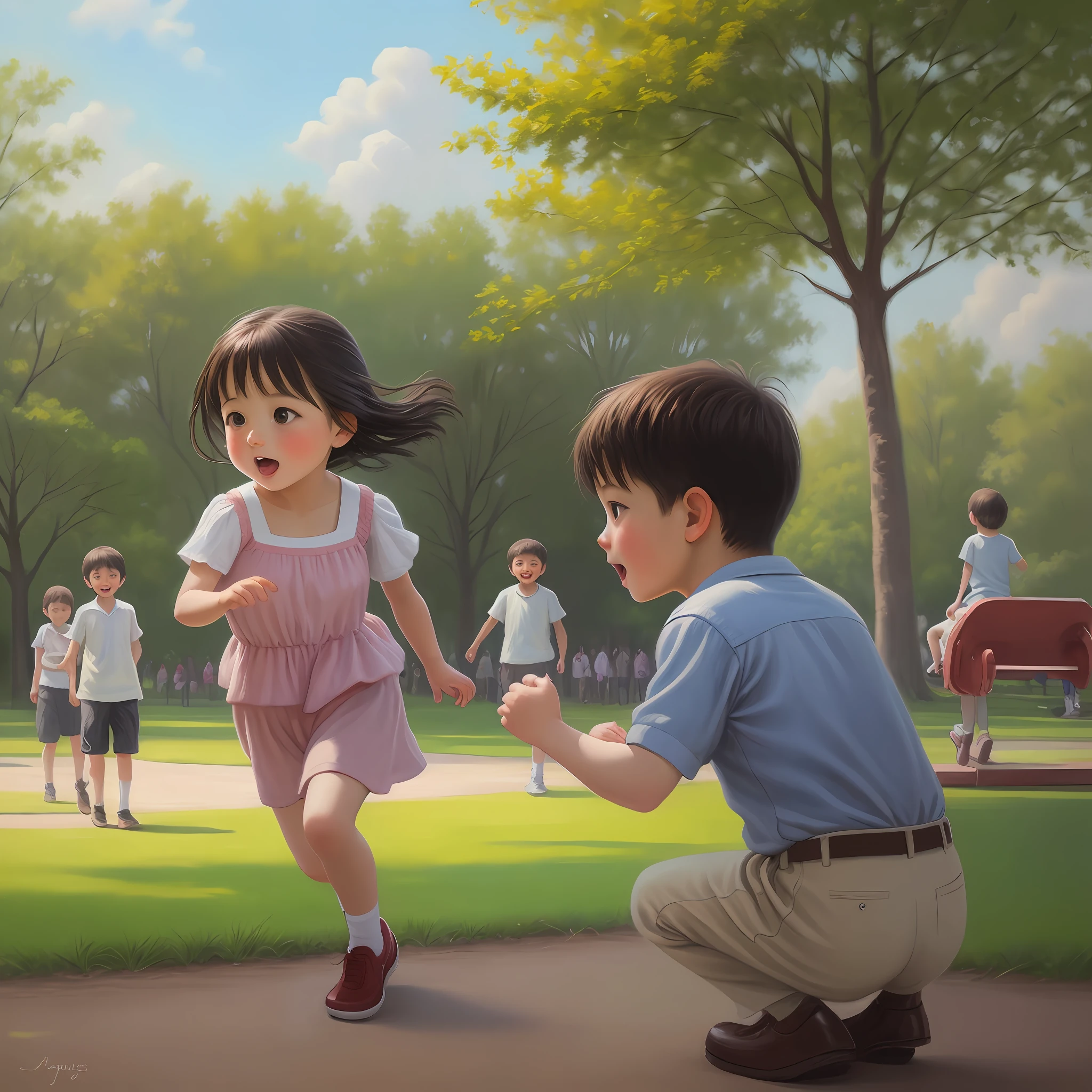 Children playing in the park, oil painting on canvas, realistic