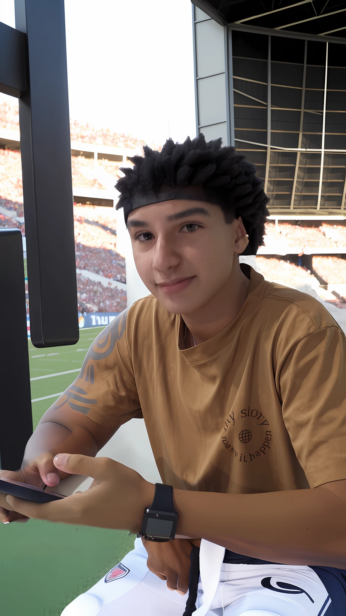 Black Power hair, in a football stadium, 4k, ultra detailed, maximum quality