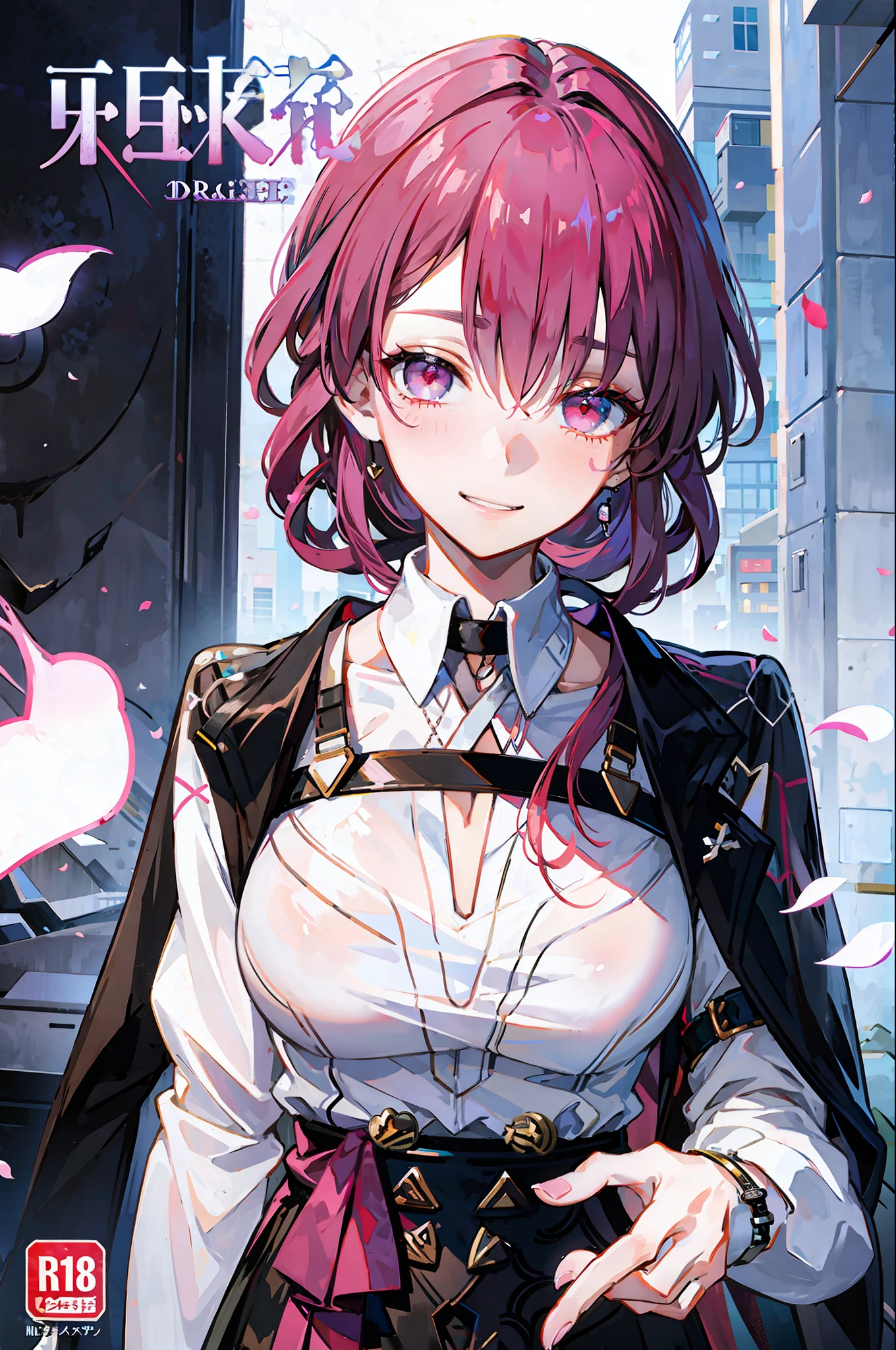 masterpiece, best quality, full body, 1girl, bangs, black choker, black necktie, blonde hair, blue skirt, blush, bracelet, breasts, choker, clothes around waist, collarbone, collared shirt, cowboy shot, dress shirt, ear piercing, eyebrows visible through hair, gradient hair, grin, gyaru, jewelry, kogal, long hair, looking at viewer, loose necktie, necktie, piercing, plaid, plaid skirt, pleated skirt, red eyes, ring, school uniform, shirt, skirt, smile, solo, white shirt, street, sky, cherry blossoms, petals,illustration, (magazine:1.3), (cover-style:1.3), fashionable, woman, vibrant, outfit, posing, front, colorful, dynamic, background, elements, confident, expression, holding, statement, accessory, majestic, coiled, around, touch, scene, text, cover, bold, attention-grabbing, title, stylish, font, catchy, headline, larger, striking, modern, trendy, focus, fashion,